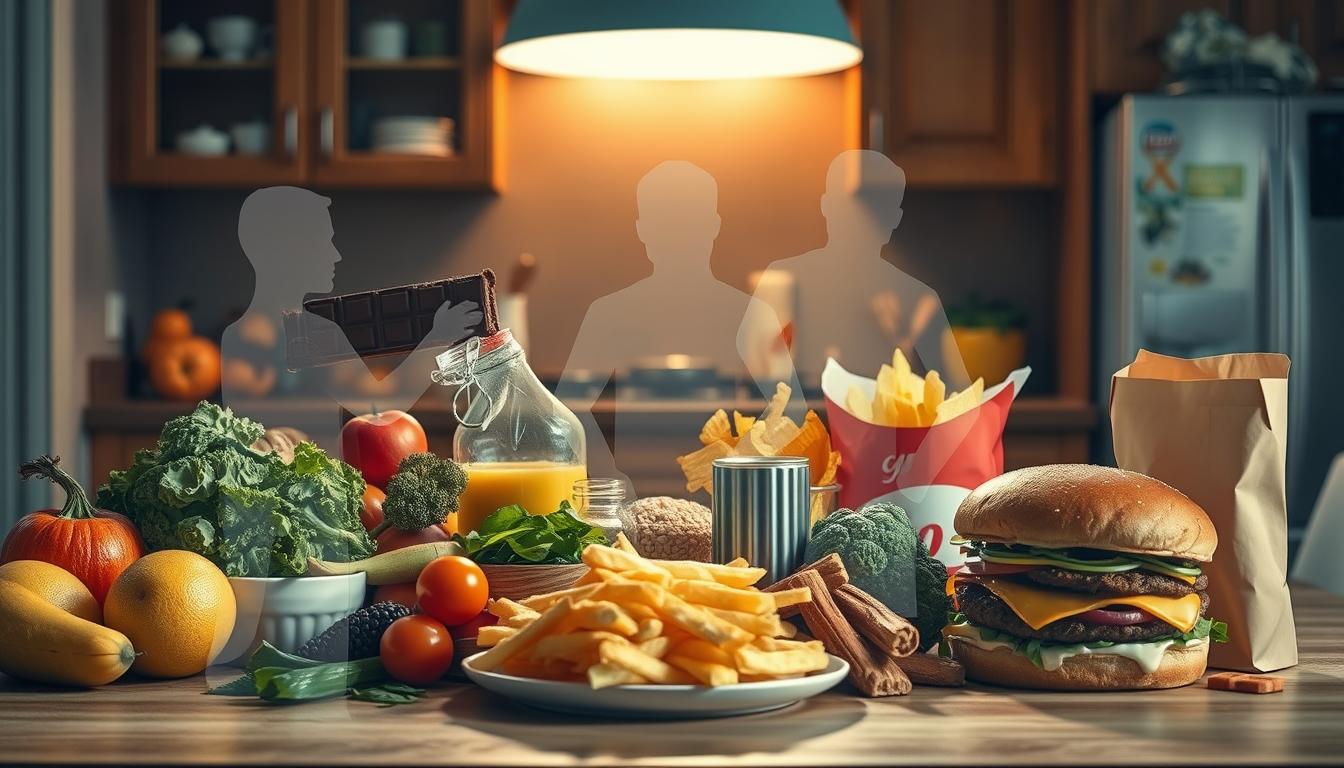 A dimly lit kitchen table, illuminated by a warm glow, holds an array of nutritious foods - fresh fruits, crisp vegetables, whole grains, and protein-rich items. Overlaying this, transparent ghostly figures of common cravings emerge - a chocolate bar, a soda can, a bag of chips, and a fast-food burger. The interplay between the vibrant, nourishing options and the alluring, processed cravings creates a sense of tension and longing, symbolizing the hidden hunger phenomenon. The composition emphasizes the contrast between what our bodies need and what our minds desire, inviting the viewer to reflect on the complex relationship between nutrition and cravings. A dimly lit kitchen table, illuminated by a warm glow, holds an array of nutritious foods - fresh fruits, crisp vegetables, whole grains, and protein-rich items. Overlaying this, transparent ghostly figures of common cravings emerge - a chocolate bar, a soda can, a bag of chips, and a fast-food burger. The interplay between the vibrant, nourishing options and the alluring, processed cravings creates a sense of tension and longing, symbolizing the hidden hunger phenomenon. The composition emphasizes the contrast between what our bodies need and what our minds desire, inviting the viewer to reflect on the complex relationship between nutrition and cravings.