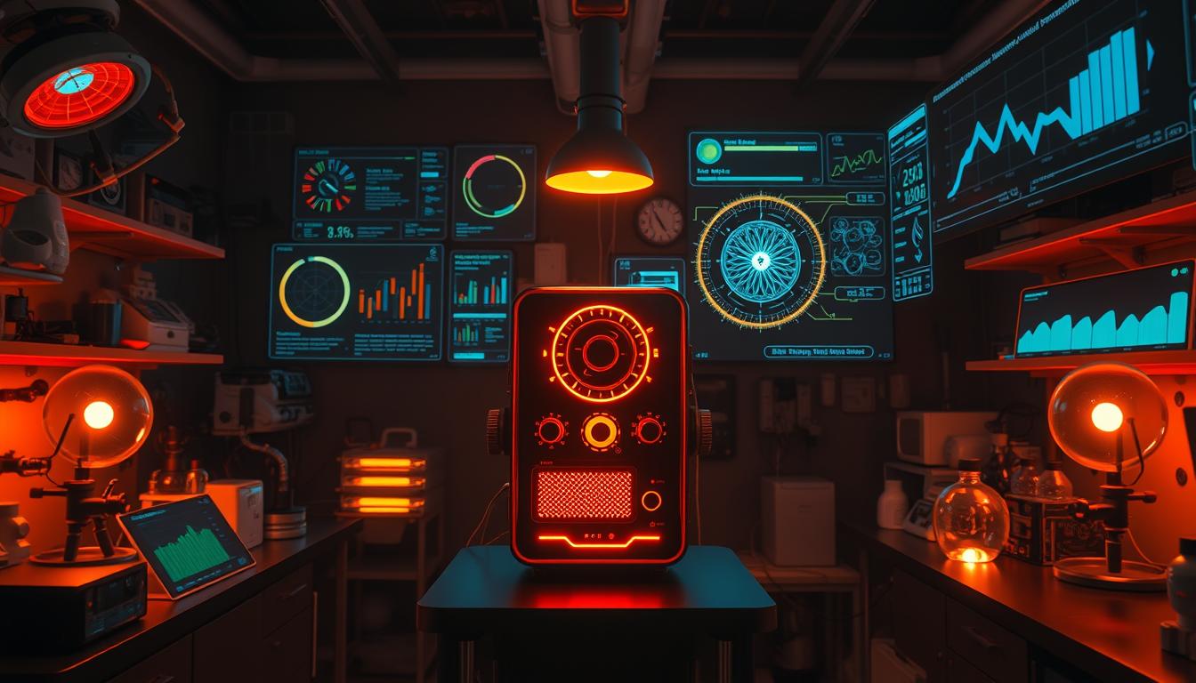 A dimly lit laboratory filled with scientific instruments and devices, illuminated by a warm, vibrant glow. In the center, a futuristic-looking device with glowing circuitry and dials, symbolizing the optimization of the body's natural circadian rhythms. Surrounding it, various data visualizations, charts, and holographic displays showcasing the intricate mechanisms of the human sleep-wake cycle. The atmosphere is one of scientific exploration and discovery, with a sense of anticipation and potential for enhanced health and performance.
