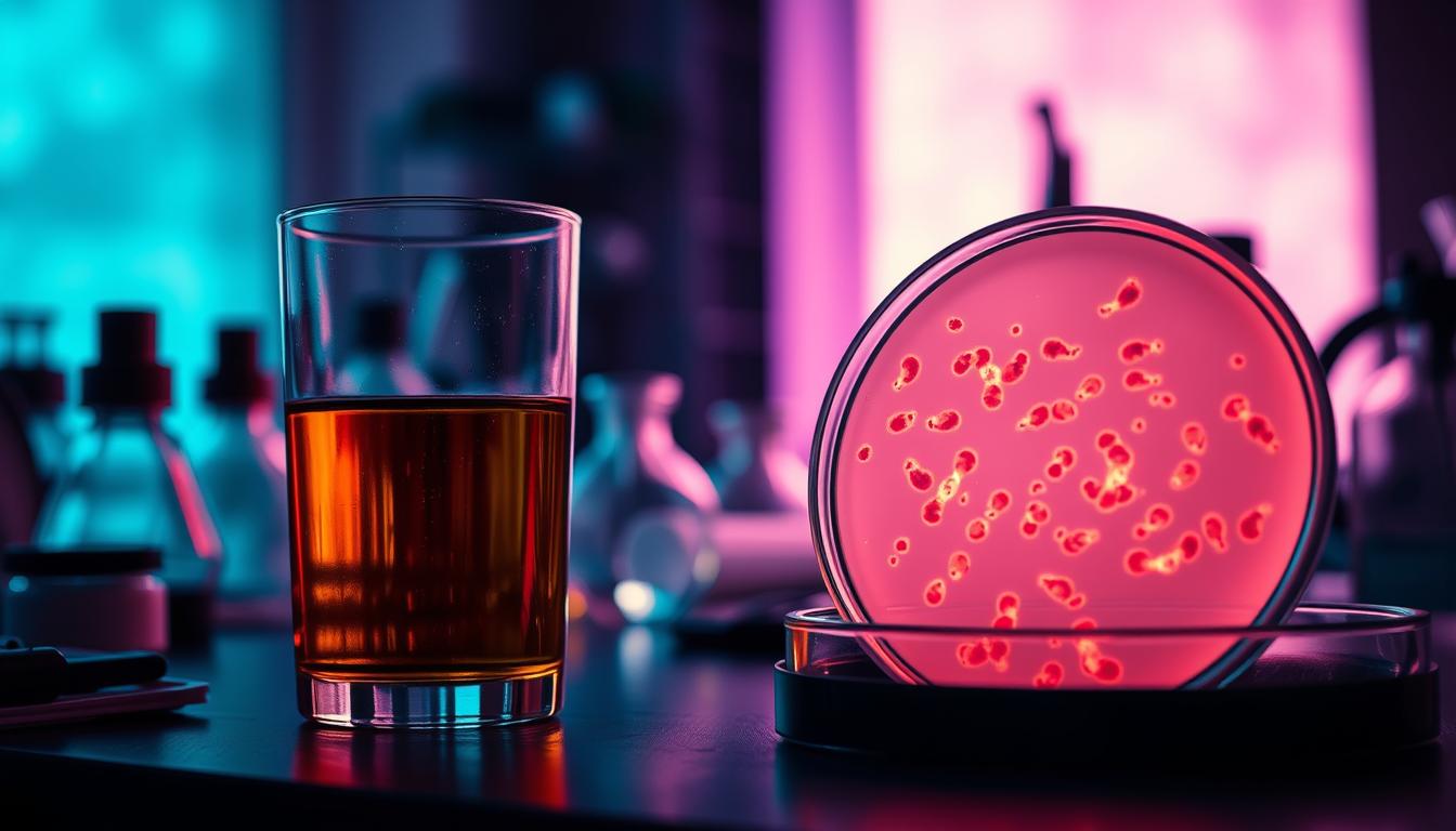 A dimly lit laboratory setting, with a desk holding various scientific instruments and glassware. In the foreground, a glass of amber-colored liquid, representing alcohol, casts a warm glow. Beside it, a petri dish containing a sample of breast cancer cells, the cells glowing with a subtle, ominous intensity. The background is hazy, creating a sense of depth and scientific inquiry. Vibrant, colorful lighting accentuates the contrast between the alcohol and the cancer cells, drawing the viewer's attention to the connection between the two. The overall atmosphere is one of contemplation and unease, hinting at the complex relationship between lifestyle choices and cancer risk.