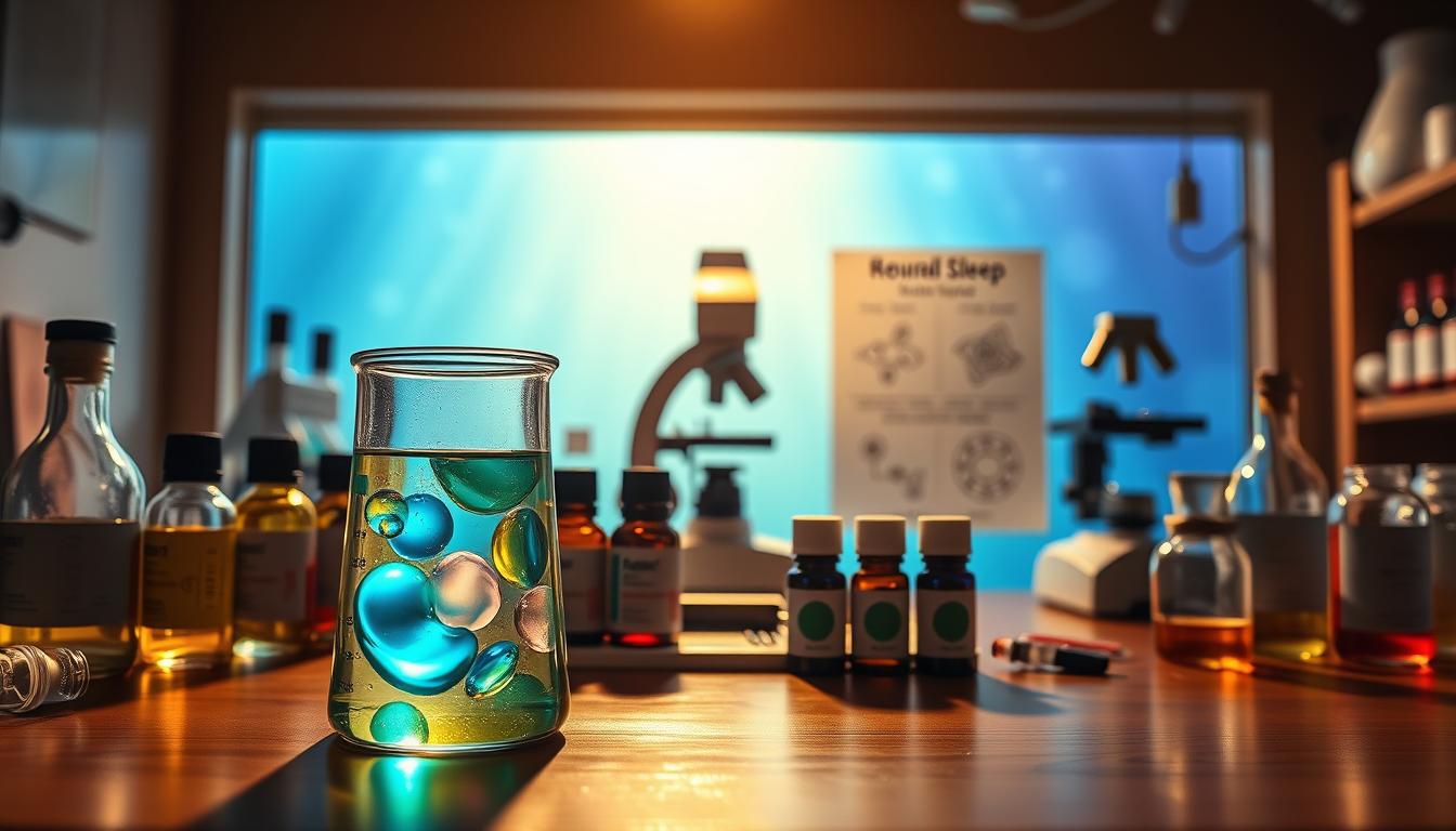 A dimly lit laboratory setting with various essential oil bottles and scientific glassware on a wooden table. The foreground features a beaker filled with a swirling, colorful liquid, representing the active compounds in the oils. In the middle ground, a modern microscope and detailed diagrams illustrate the science behind the effects of aromatherapy on the human body and sleep patterns. The background showcases a vibrant, ethereal gradient in calming blues and greens, evoking the tranquil ambiance of a restful night's sleep. The scene is bathed in a warm, natural lighting that casts soft shadows, creating a sense of depth and scientific exploration.
