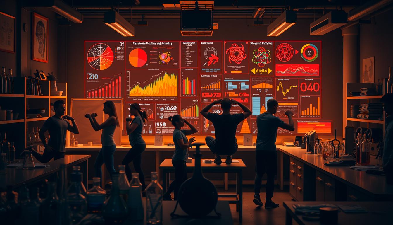 A dimly lit laboratory, with beakers, test tubes, and scientific instruments scattered across the workbenches. In the center, a group of people engaged in various strength training exercises, their movements captured in a series of high-speed, motion-blur photographs. The background is a vibrant, colorful display of data visualizations, charts, and diagrams, illustrating the complex relationships between strength training, muscle growth, and longevity. Soft, warm lighting illuminates the scene, creating a sense of depth and atmosphere. The overall impression is one of scientific inquiry and the pursuit of understanding the fundamental mechanisms behind the benefits of strength training.
