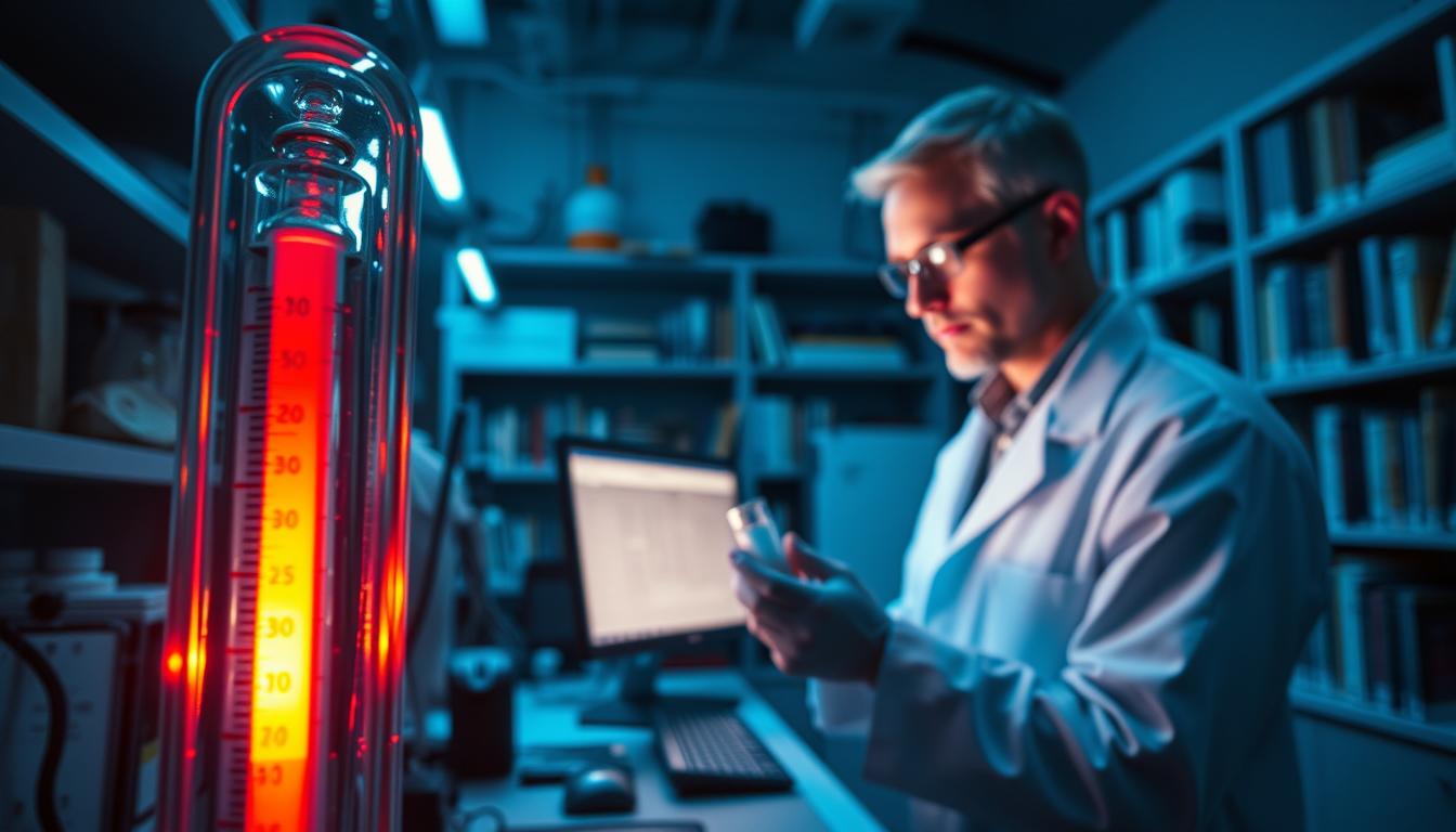 A dimly lit laboratory with state-of-the-art scientific equipment. In the foreground, a thermometer displays a vibrant, chilling temperature reading. In the middle ground, a researcher in a white lab coat meticulously examines a sample, their face illuminated by the glow of a computer monitor. In the background, shelves of books and scientific journals line the walls, casting a warm, intellectual ambiance. The scene is bathed in a cool, blue-tinted lighting, evoking the sensation of cold thermogenesis and the scientific pursuit of understanding its effects on the human body.