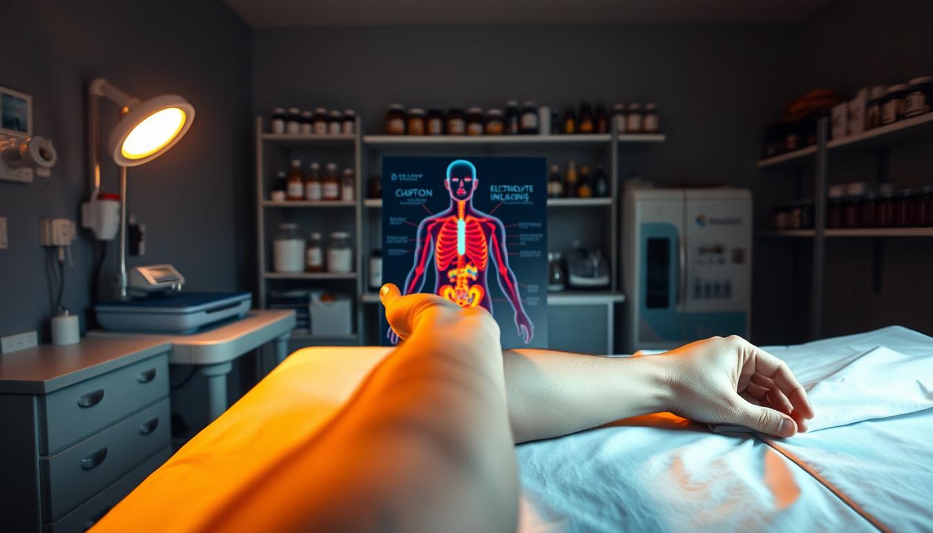 A dimly lit medical examination room, with a medical table in the foreground. Atop the table, a person's arm is being examined, highlighting potential side effects of water fasting, such as dehydration, electrolyte imbalances, and muscle cramps. In the middle ground, a vibrant anatomical diagram of the human body, illustrating the cellular regeneration process. In the background, medical equipment and shelves filled with bottles and jars, creating a sense of a clinical, yet vibrant atmosphere. Soft, warm lighting illuminates the scene, casting subtle shadows and emphasizing the importance of the subject matter.