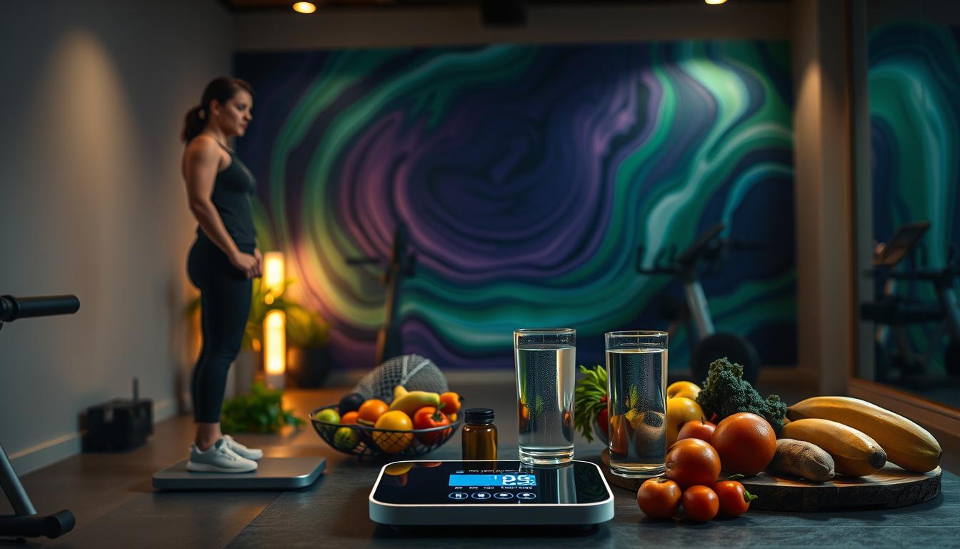 A dimly lit, modern home gym with sleek, minimalist equipment. In the foreground, a person standing on a digital scale, their expression thoughtful as they consider their weight plateau. The middle ground features an array of healthy, low-carb snacks and beverages, including fresh fruits, vegetables, and a glass of water. In the background, a vibrant, abstract mural of swirling colors in shades of green, blue, and purple, creating a sense of calm and focus. Soft, warm lighting illuminates the scene, casting a gentle glow. The overall atmosphere conveys a sense of determination and problem-solving, with the user seeking solutions to overcome their weight loss plateau.