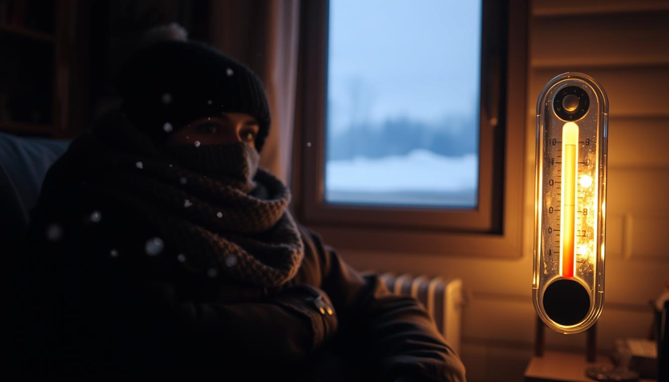 A dimly lit room, illuminated by a soft, warm glow. In the foreground, a person sits bundled in thick winter clothing, face partially obscured by a scarf. Snowflakes drift gently in the air, casting a serene, frosty atmosphere. In the middle ground, a thermometer displays a vibrant, low temperature reading, capturing the essence of the cold exposure experience. The background features a window, its pane frosted, offering a glimpse of a snowy, winter landscape beyond. The overall scene conveys a sense of safety, preparation, and the tranquil embrace of the elements.