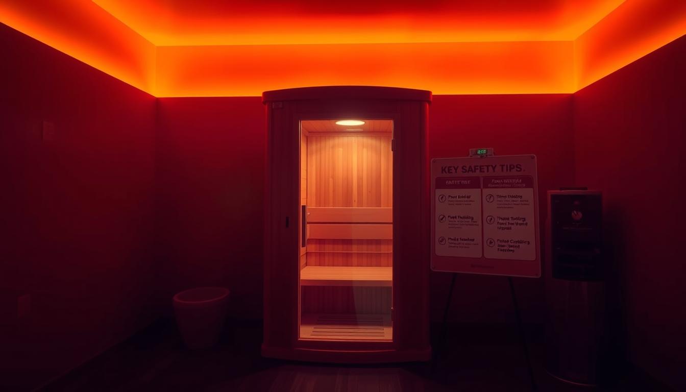 A dimly lit room, the air filled with a warm, soothing haze. In the center, an infrared sauna stands, its sleek, wooden exterior glowing with a vibrant, amber-hued light. Beside it, a display showcases key safety tips: proper hydration, timer settings, and precautions for those with medical conditions. The scene is captured through a wide-angle lens, emphasizing the sauna's inviting presence and the surrounding atmosphere of relaxation and wellness. The overall mood is one of tranquility and self-care, with the vibrant lighting and carefully curated details guiding the viewer towards a safe and rejuvenating infrared sauna experience.