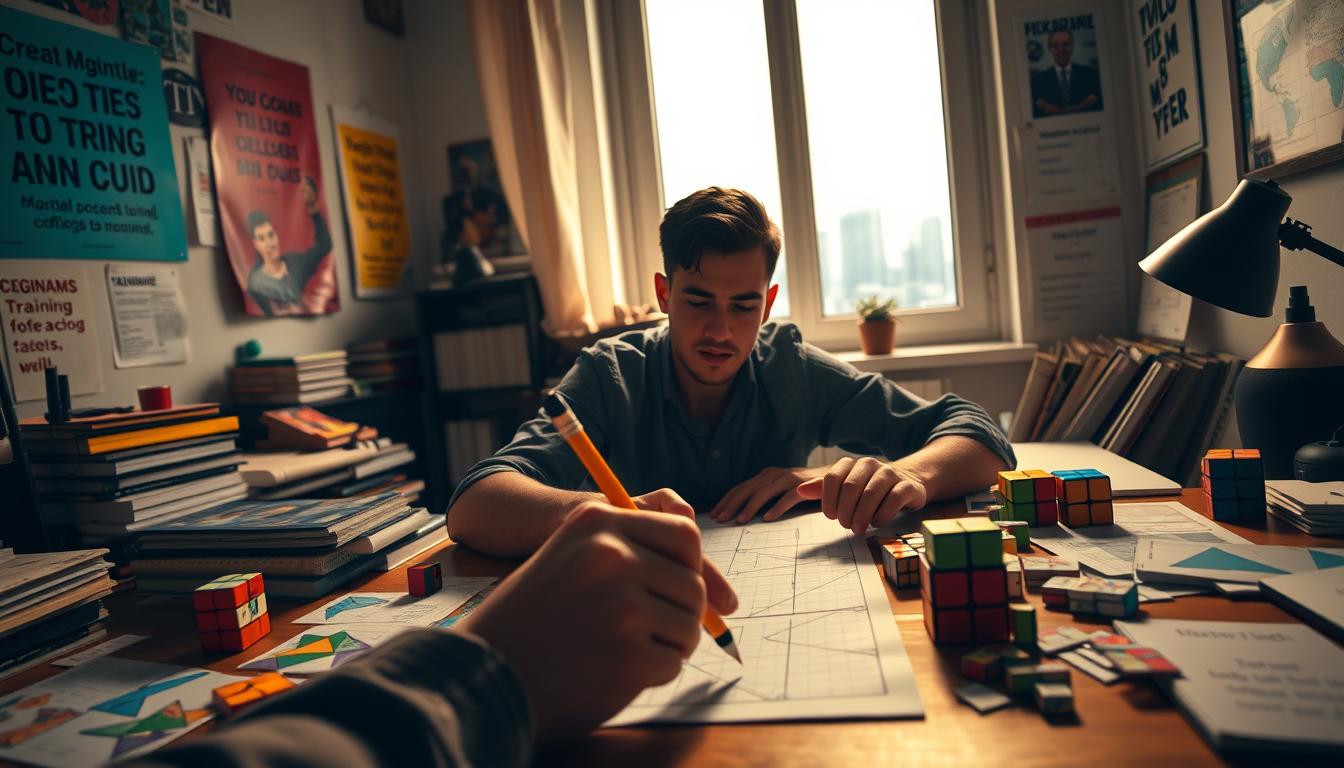 A dimly lit study room, the air thick with concentration. On the desk, an array of mental exercises - tangram puzzles, Rubik's cubes, and cognitive training cards. In the foreground, a determined hand grips a pencil, working through a challenging diagram. The walls are adorned with motivational posters and brain teasers, creating a vibrant, intellectually stimulating atmosphere. Soft, warm lighting illuminates the scene, casting a cozy glow and highlighting the focus on the subject's face. Through the window, a cityscape unfolds, a reminder of the world beyond this oasis of willpower strategies. A dimly lit study room, the air thick with concentration. On the desk, an array of mental exercises - tangram puzzles, Rubik's cubes, and cognitive training cards. In the foreground, a determined hand grips a pencil, working through a challenging diagram. The walls are adorned with motivational posters and brain teasers, creating a vibrant, intellectually stimulating atmosphere. Soft, warm lighting illuminates the scene, casting a cozy glow and highlighting the focus on the subject's face. Through the window, a cityscape unfolds, a reminder of the world beyond this oasis of willpower strategies.