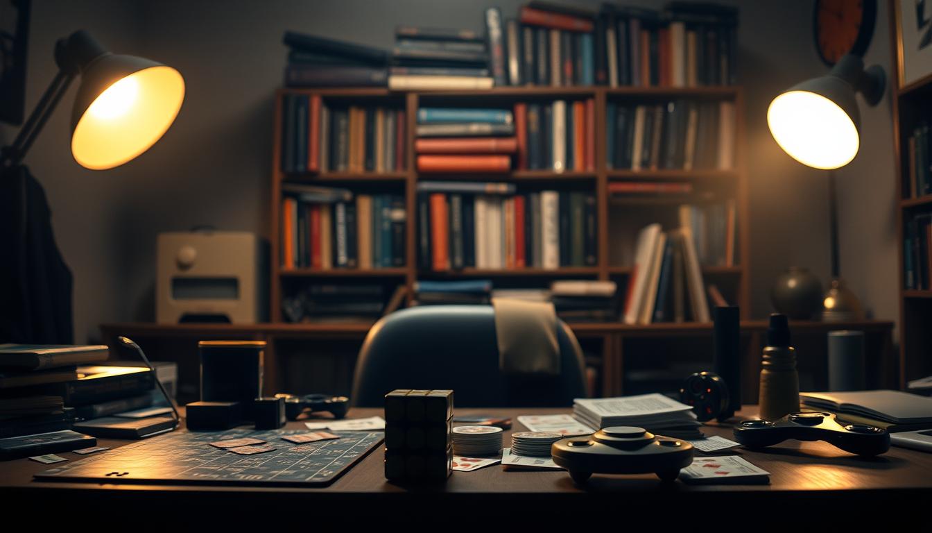 A dimly lit study, with a cozy, focused atmosphere. In the foreground, a desk cluttered with various objects - a puzzle, a Rubik's cube, a deck of cards, and a fidget spinner. Soft, warm lighting illuminates the scene, casting subtle shadows that add depth and dimension. In the middle ground, a bookshelf filled with volumes on productivity, self-improvement, and mental exercises. The background is hazy, suggesting a contemplative, introspective mood. The overall scene conveys a sense of mental challenge and engaging diversions that can help boost productivity and focus.