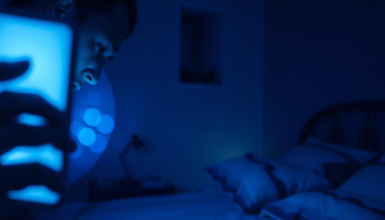 A disruptive nighttime scene depicting the harmful effects of blue light on circadian rhythms. In the foreground, a person's face is illuminated by the harsh, unnatural glow of a smartphone screen, their expression weary and unfocused. The middle ground features a hazy, vibrant blur of overlapping circadian patterns, representing the body's internal clock being thrown off balance. In the background, a dimly lit bedroom with muted colors suggests the disruption of the natural sleep-wake cycle. The lighting is dramatic, with cool blue tones casting an unsettling atmosphere, emphasizing the negative impacts of excessive blue light exposure before bedtime.