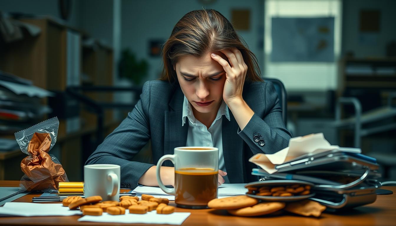 A distressed professional sitting at a desk, surrounded by an array of unhealthy snacks and a half-empty coffee mug. The lighting is harsh and unflattering, casting shadows that accentuate the worry on their face. The background is a blurred, cluttered office, hinting at the overwhelming workload and pressure they face. The mood is one of anxiety and emotional exhaustion, underscoring the need for professional help to manage stress and prevent it from manifesting in unhealthy coping mechanisms like stress eating. A distressed professional sitting at a desk, surrounded by an array of unhealthy snacks and a half-empty coffee mug. The lighting is harsh and unflattering, casting shadows that accentuate the worry on their face. The background is a blurred, cluttered office, hinting at the overwhelming workload and pressure they face. The mood is one of anxiety and emotional exhaustion, underscoring the need for professional help to manage stress and prevent it from manifesting in unhealthy coping mechanisms like stress eating.