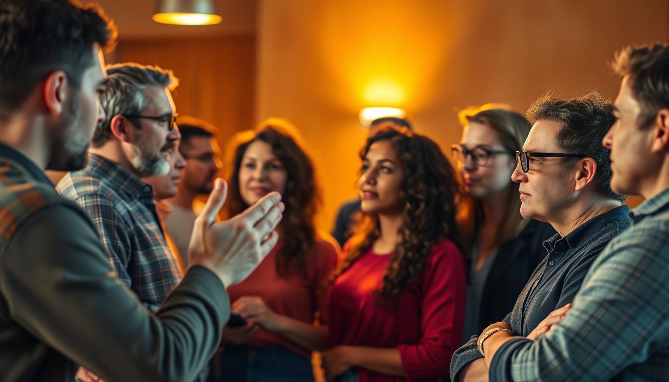 A diverse group of people standing in a semicircle, intently engaged in discussion. In the foreground, a few individuals gesticulate animatedly, their expressions reflecting earnest commitment. In the middle ground, others nod thoughtfully, demonstrating a sense of shared purpose. The background is softly blurred, creating a sense of focus on the central figures. Warm, vibrant lighting illuminates the scene, casting a glow of camaraderie and mutual accountability. An atmosphere of constructive dialogue and collective responsibility pervades the image. A diverse group of people standing in a semicircle, intently engaged in discussion. In the foreground, a few individuals gesticulate animatedly, their expressions reflecting earnest commitment. In the middle ground, others nod thoughtfully, demonstrating a sense of shared purpose. The background is softly blurred, creating a sense of focus on the central figures. Warm, vibrant lighting illuminates the scene, casting a glow of camaraderie and mutual accountability. An atmosphere of constructive dialogue and collective responsibility pervades the image.