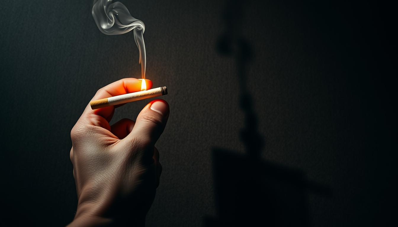 A dramatic close-up of a human hand holding a lit cigarette, casting an ominous shadow on a textured, charcoal-colored background. The smoke curls and wisps, conveying the addictive allure and grave health consequences of tobacco use. Harsh, dramatic lighting casts deep shadows, creating a somber, contemplative mood. The composition emphasizes the stark contrast between the vibrant, glowing ember and the looming, dark backdrop, symbolizing the deadly trade-off of smoking. Detailed, hyper-realistic rendering captures the texture of skin, the ember's glow, and the wispy, translucent smoke, heightening the sense of immediacy and impact.