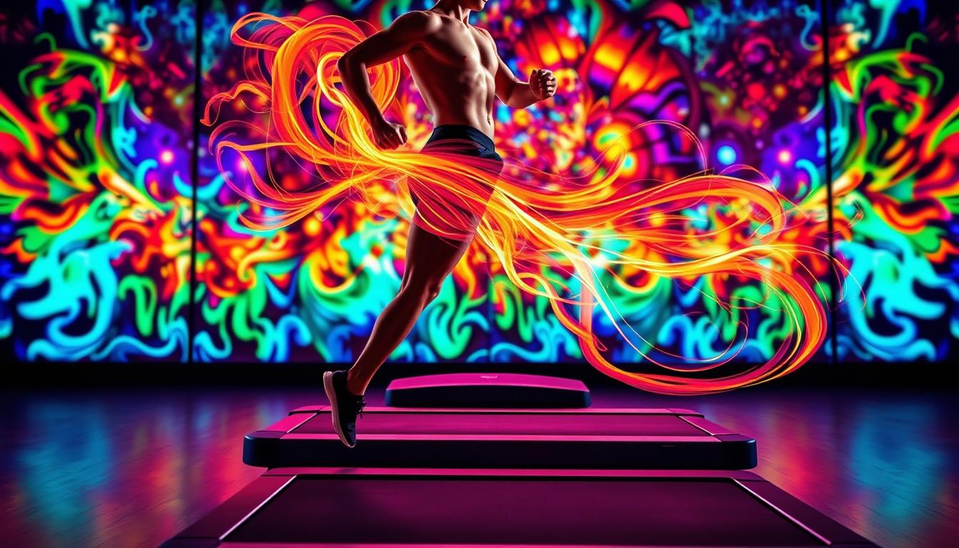 A dynamic composition showcasing the synergy between exercise and fat-burning. In the foreground, a figure engages in high-intensity interval training, their muscles rippling with energy. Trails of vivid swirling colors emanate from their movements, visualizing the metabolic surge. In the middle ground, a sleek treadmill treadmill sits, its design mirroring the smooth curves of the human form. The background is a kaleidoscope of vibrant hues, reflecting the individual's internal furnace of transformation. Lighting is dramatic, casting dynamic shadows and highlights that accentuate the subject's athleticism. The overall scene conveys a sense of power, discipline, and the symbiotic relationship between exercise and fat-burning.
