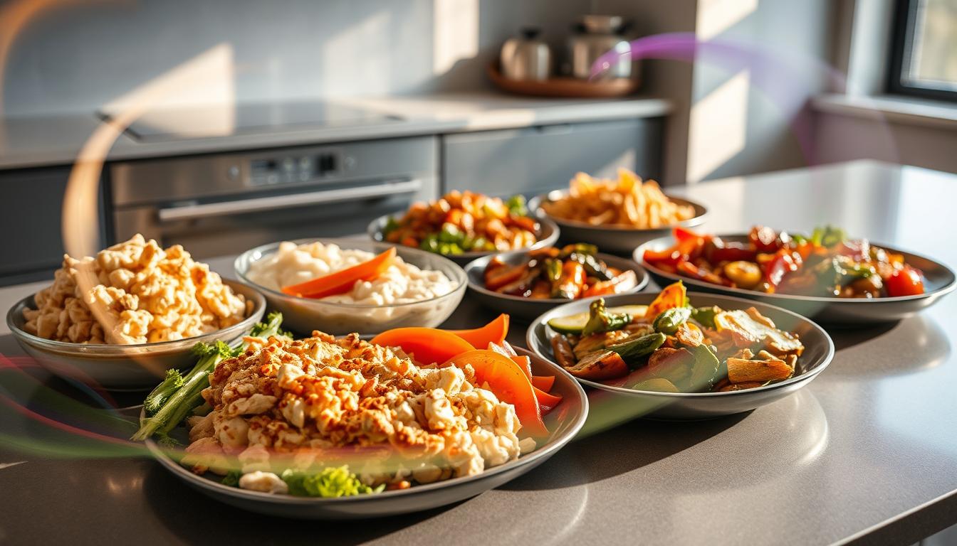 A feast of low-carb delights, a vibrant array of keto-friendly freezer meals laid out on a sleek, modern kitchen counter. Soft natural lighting casts a warm glow, revealing the textures and colors of the dishes - tender shredded chicken, creamy cauliflower puree, and zesty grilled vegetables. The arrangement is carefully curated, with each item positioned to create a visually striking, yet practical composition. Swirling hues of green, orange, and purple dance across the scene, adding depth and visual interest. This unexpected display of keto-friendly convenience offers a tantalizing glimpse into the versatility of a low-carb lifestyle, proving that healthy eating can be both delicious and effortless.