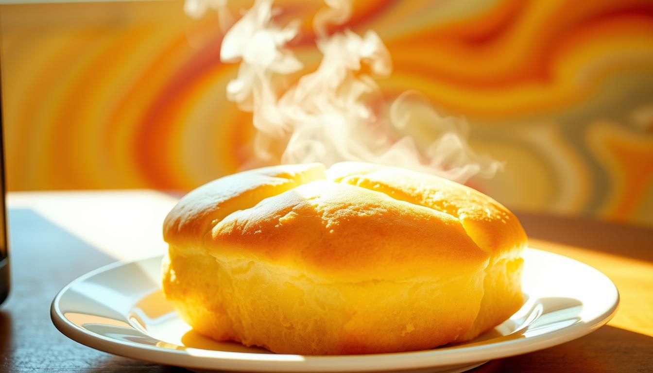 A freshly baked, low-carb microwave bread, steaming hot and glistening on a white ceramic plate. The bread has a fluffy, golden-brown crust and a soft, pillowy interior. The plate is set against a vibrant, swirling background of warm colors, creating a comforting and inviting atmosphere. Sunlight streams through a window, casting a natural, soft lighting on the scene. The bread appears to have just been removed from the microwave, radiating a homemade, freshly-baked aroma. The overall composition conveys a sense of effortless simplicity and the joy of a quick, healthy snack. A freshly baked, low-carb microwave bread, steaming hot and glistening on a white ceramic plate. The bread has a fluffy, golden-brown crust and a soft, pillowy interior. The plate is set against a vibrant, swirling background of warm colors, creating a comforting and inviting atmosphere. Sunlight streams through a window, casting a natural, soft lighting on the scene. The bread appears to have just been removed from the microwave, radiating a homemade, freshly-baked aroma. The overall composition conveys a sense of effortless simplicity and the joy of a quick, healthy snack.