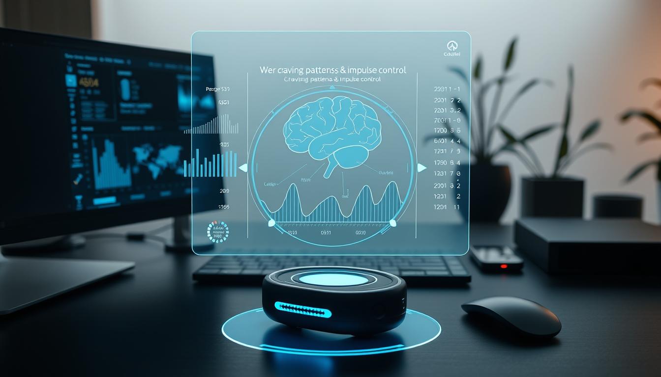 A futuristic desktop setup with an advanced wearable device monitoring a person's biometrics and brain activity. In the foreground, a holographic display shows real-time data visualization of craving patterns and impulse control. The middle ground features sleek, minimalist technology, while the background has a serene, zen-like setting with muted lighting and natural elements like plants. The overall mood is calm, focused, and empowering, conveying the idea of technology-assisted self-regulation. A futuristic desktop setup with an advanced wearable device monitoring a person's biometrics and brain activity. In the foreground, a holographic display shows real-time data visualization of craving patterns and impulse control. The middle ground features sleek, minimalist technology, while the background has a serene, zen-like setting with muted lighting and natural elements like plants. The overall mood is calm, focused, and empowering, conveying the idea of technology-assisted self-regulation.