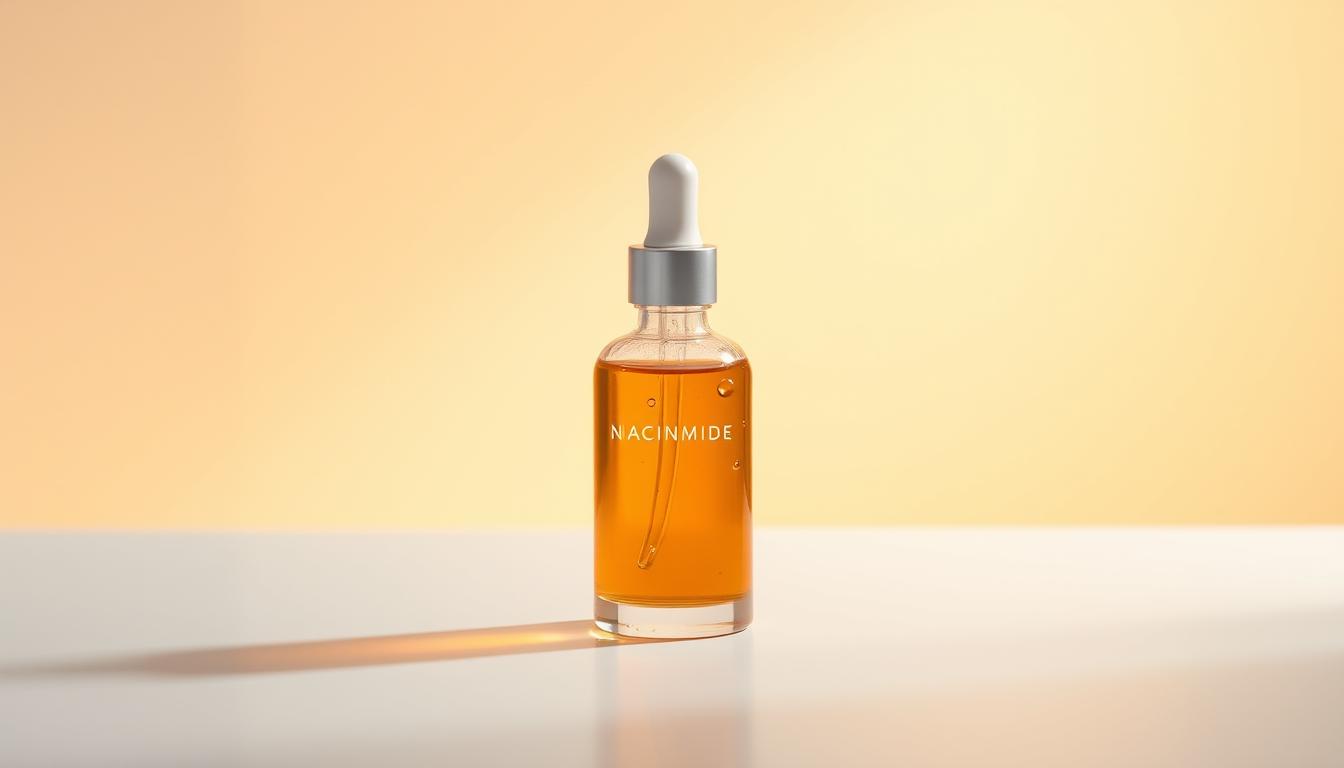 A glass bottle filled with a luminous, amber-hued niacinamide serum sits atop a pristine white surface, bathed in soft, diffused lighting. The bottle's elegant, minimalist design reflects the serum's purity and potency. Delicate water droplets cling to the glass, hinting at the hydrating and barrier-strengthening properties of the niacinamide formula. The background is a vibrant, yet calming gradient, drawing the viewer's eye to the captivating centerpiece. The overall composition exudes a sense of natural radiance and vitality, capturing the essence of niacinamide as a skincare hero that nourishes and revitalizes the skin's protective barrier.
