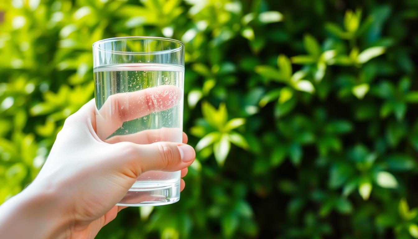 A glass of clear, crisp water set against a vibrant, lush green background. The water's surface reflects the natural light, creating a sense of clarity and refreshment. In the foreground, a hand reaches out, grasping the glass, emphasizing the act of hydration. The image conveys a sense of balance, with the water and greenery working in harmony to curb cravings and promote well-being. The scene is captured with a soft, slightly blurred focus, creating a calming, soothing atmosphere.