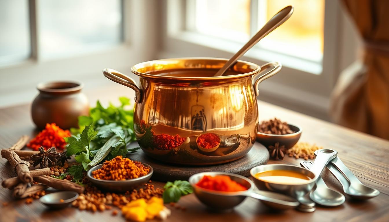 A gleaming copper pot filled with rich, golden ghee sits atop a wooden table, surrounded by a vibrant array of Ayurvedic herbs and spices. Warm, soft light filters through a window, casting a gentle glow on the scene. In the foreground, a variety of spoons and measuring cups hint at the versatility of this ancient superfood. The background features a serene, minimalist space, allowing the ghee and its complementary elements to take center stage. This image captures the essence of ghee as a modern wellness staple, rooted in the timeless wisdom of Ayurveda.
