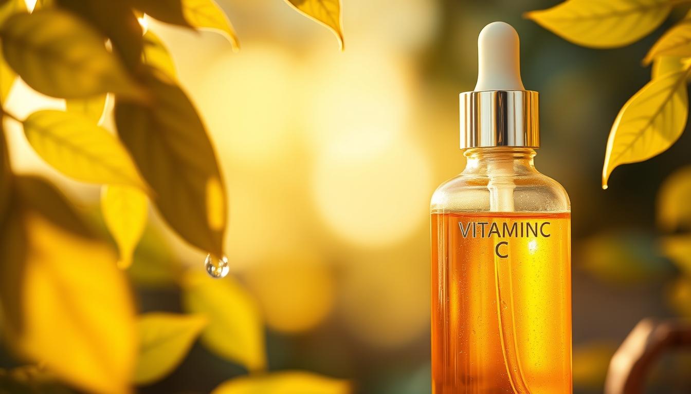 A gleaming glass bottle of vitamin C serum stands prominently in the foreground, its shimmering surface reflecting the soft, warm lighting from above. Delicate droplets cling to the bottle, hinting at the serum's moisturizing properties. In the middle ground, lush, verdant leaves in shades of green and gold frame the bottle, adding a natural, earthy element. The background is blurred, but suggests a serene, vibrant atmosphere, with hints of soft, glowing light peeking through. The overall mood is one of vitality, radiance, and the power of nature's brightening gifts.