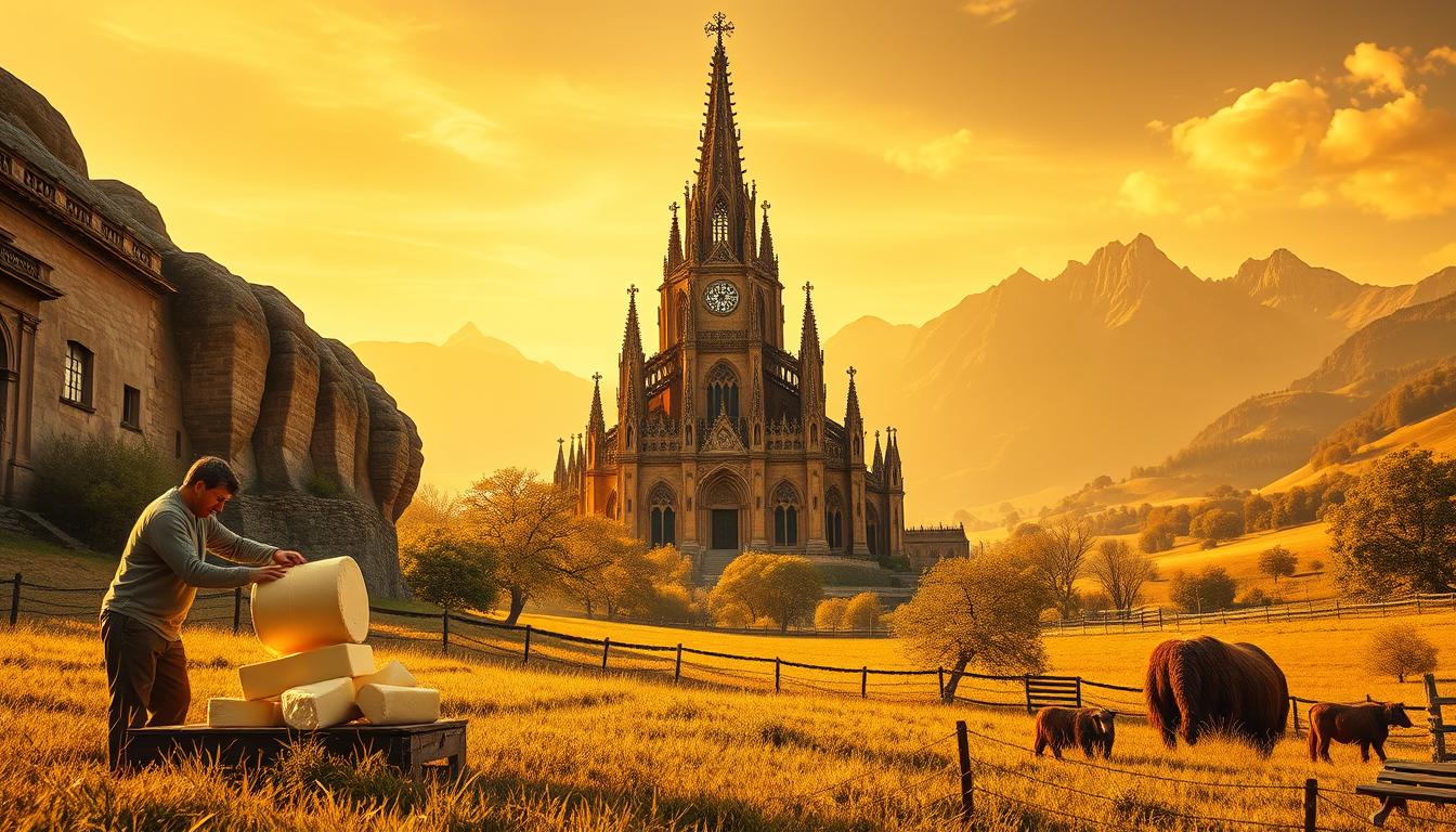 A grandiose, golden-hued landscape depicting the historical significance of butter. In the foreground, a pastoral scene showcases a traditional butter-making process, with a farmhand churning cream into rich, creamy butter by hand. The middle ground features a towering, ornate cathedral, its stained-glass windows and intricate architecture reflecting the reverence once held for this humble dairy product. In the background, a majestic mountain range stands tall, symbolizing the enduring legacy of butter as a staple of human sustenance and culinary tradition. Warm, vibrant lighting illuminates the scene, evoking a sense of timeless, historical importance. A grandiose, golden-hued landscape depicting the historical significance of butter. In the foreground, a pastoral scene showcases a traditional butter-making process, with a farmhand churning cream into rich, creamy butter by hand. The middle ground features a towering, ornate cathedral, its stained-glass windows and intricate architecture reflecting the reverence once held for this humble dairy product. In the background, a majestic mountain range stands tall, symbolizing the enduring legacy of butter as a staple of human sustenance and culinary tradition. Warm, vibrant lighting illuminates the scene, evoking a sense of timeless, historical importance.