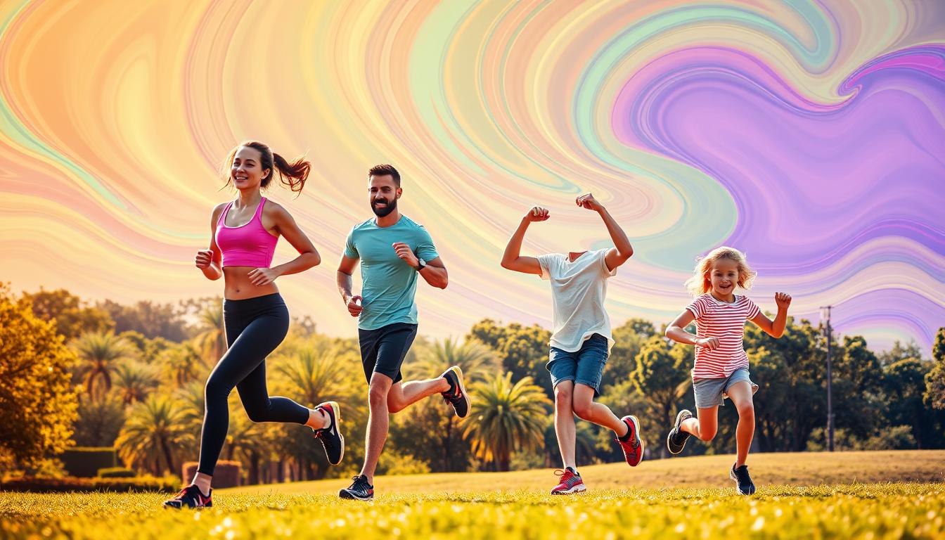 A group of fit individuals performing various energetic physical activities in an outdoor setting with vibrant swirling colors. A woman jogging, a man lifting weights, and a child doing jumping jacks in a lush green park, basking in warm natural light. The scene conveys a sense of vitality, wellness, and the joyful pursuit of a healthy lifestyle through diverse forms of movement. The background features a dynamic abstract landscape with undulating patterns and vivid hues, creating a visually striking and immersive atmosphere.