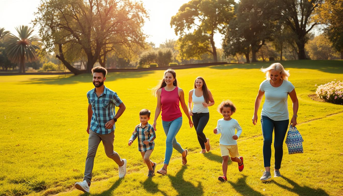 A group of friends stride confidently through a lush, vibrant park, the warm morning sun casting a gentle glow on their faces. In the foreground, three people - a man, a woman, and a child - walk side by side, their expressions exuding a sense of camaraderie and determination. The middle ground features two more companions, their pace quickening as they engage in lively conversation. In the background, the verdant landscape is dotted with blooming flowers and towering trees, creating a serene and rejuvenating atmosphere. The scene conveys a strong sense of social motivation, with the group dynamic inspiring each individual to embrace their morning routine with a renewed sense of purpose and energy.