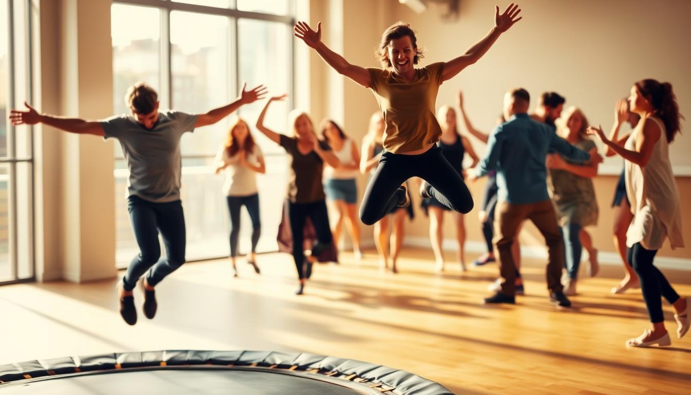 A group of people engaging in various movement-based exercises and activities to boost their mood. In the foreground, a person is joyfully jumping on a trampoline, their body in mid-air, arms outstretched. In the middle ground, a person is doing a dynamic yoga pose, their limbs flowing with grace. In the background, a group is participating in a vibrant dance class, their bodies moving in synchrony to the lively music. The lighting is warm and natural, creating a sense of energy and vitality. The overall atmosphere is one of playfulness, joy, and a celebration of the mood-boosting power of movement.