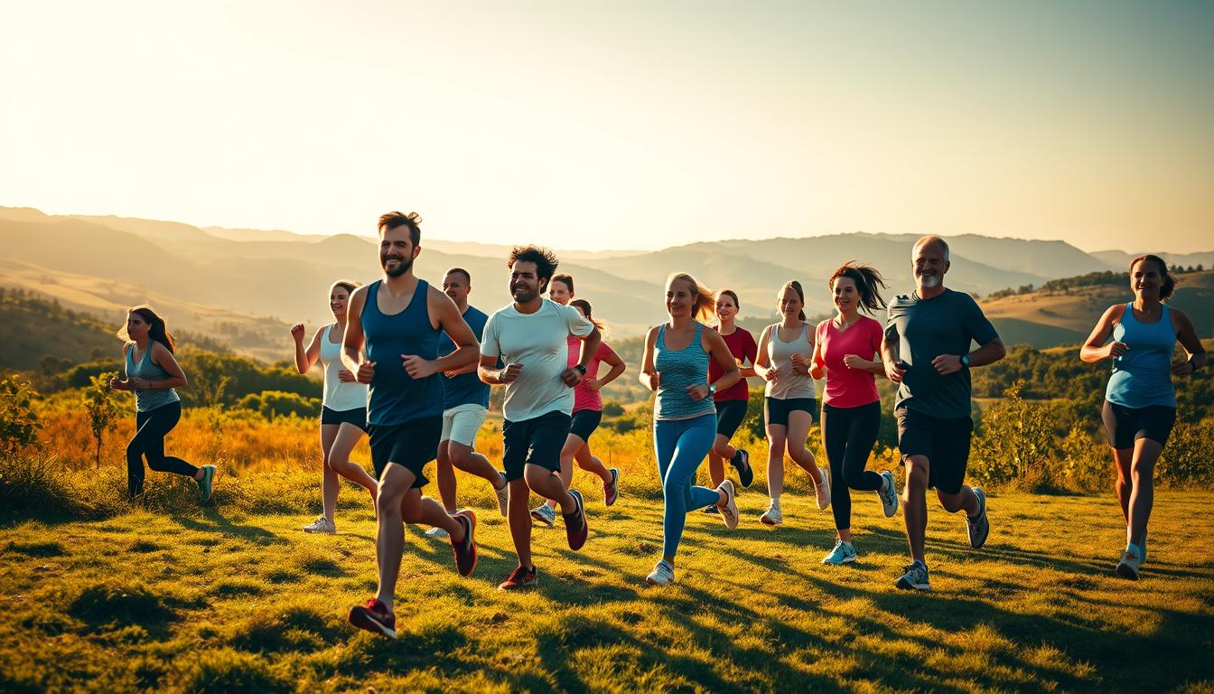 A group of people gathered outdoors, engaged in various fitness activities. In the foreground, a diverse group of individuals are stretching, jogging, and participating in a lively exercise session. The middle ground features a vibrant landscape, with rolling hills, lush vegetation, and a clear sky overhead. The lighting is warm and natural, casting a golden glow over the scene. The atmosphere is one of camaraderie, motivation, and a sense of community, as the group supports and encourages one another in their fitness journey. The camera angle is slightly elevated, capturing the energy and dynamics of the support group in a dynamic, vibrant composition.