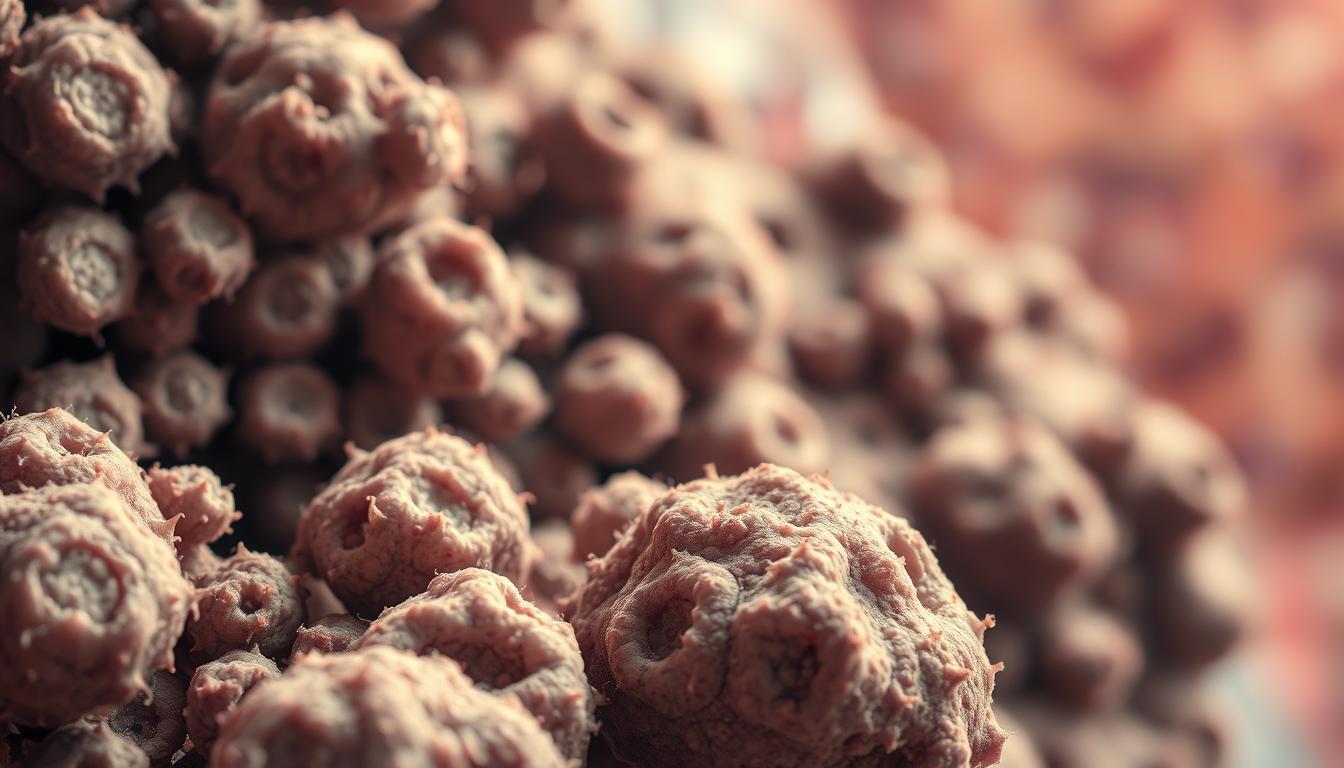 A high-contrast micrograph showcasing the microscopic hallmarks of cellular senescence. In the foreground, an array of enlarged, irregularly-shaped cells with distinct nuclei and distorted cytoplasmic structures, their surfaces roughened by accumulated cellular debris. The middle ground depicts clusters of these senescent cells, their unhealthy state visually emphasized by a muted, sepia-toned palette. The background fades into a blurred, vibrant gradient, hinting at the dynamic cellular landscape within aging tissues. Crisp, high-resolution details capture the textural nuances of this delicate, yet pivotal, aspect of the aging process. A high-contrast micrograph showcasing the microscopic hallmarks of cellular senescence. In the foreground, an array of enlarged, irregularly-shaped cells with distinct nuclei and distorted cytoplasmic structures, their surfaces roughened by accumulated cellular debris. The middle ground depicts clusters of these senescent cells, their unhealthy state visually emphasized by a muted, sepia-toned palette. The background fades into a blurred, vibrant gradient, hinting at the dynamic cellular landscape within aging tissues. Crisp, high-resolution details capture the textural nuances of this delicate, yet pivotal, aspect of the aging process.