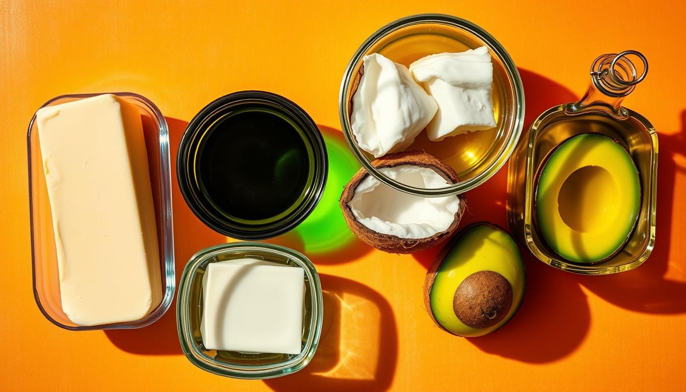 A high-contrast overhead shot of an arrangement of different cooking fats, including butter, olive oil, coconut oil, and avocado oil, presented in clear glass containers against a vibrant, colorful background. The lighting is bright and directional, casting dramatic shadows and highlights that accentuate the texture and viscosity of each fat. The composition is carefully balanced, with the containers positioned in a grid-like layout to facilitate visual comparison. The mood is clean, scientific, and informative, inviting the viewer to closely examine the unique properties of each cooking fat.
