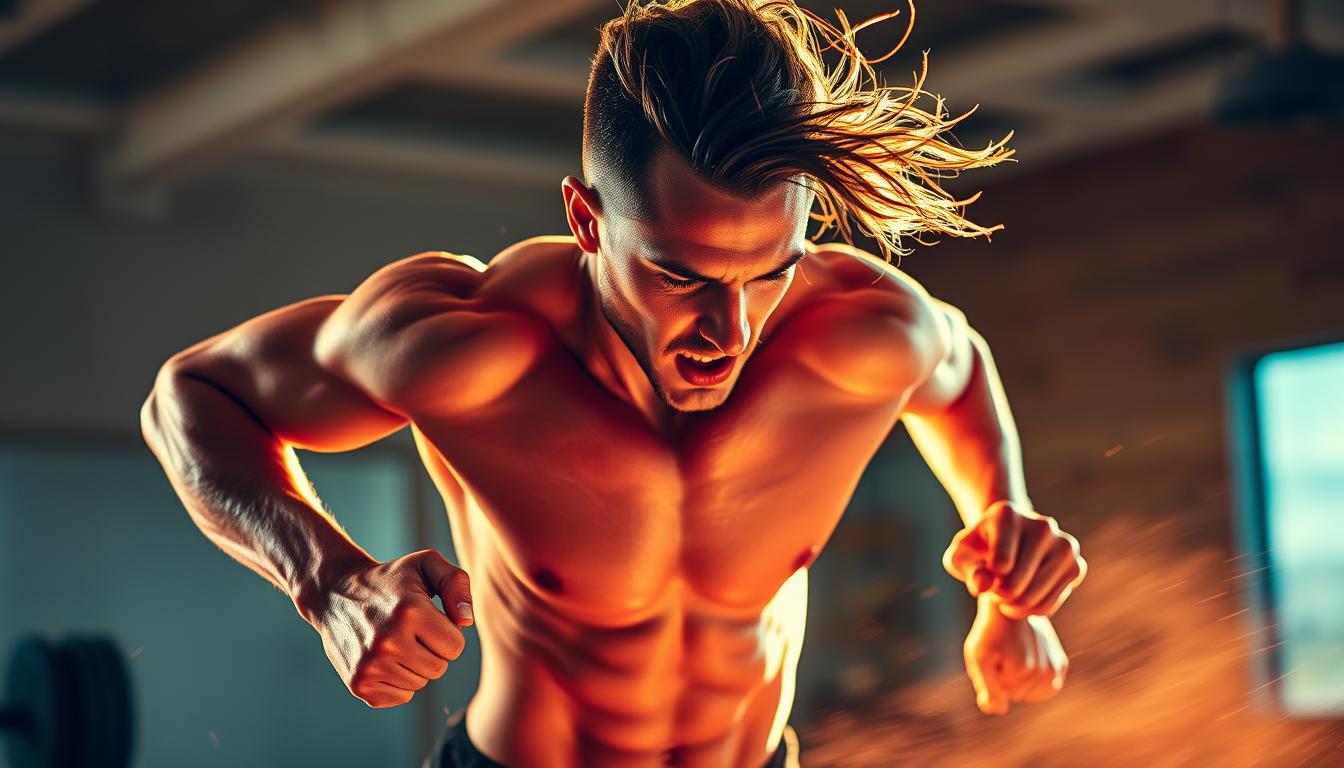 A high-energy athlete mid-workout, sweat glistening on their skin, muscles flexing with each dynamic movement. Vibrant swirls of color dance around them, creating a sense of momentum and inner vitality. The background blurs, putting the focus squarely on the subject's rapid recovery after a carb-heavy weekend. Soft, warm lighting casts a glow, highlighting the determination and renewed vigor. Captured with a wide-angle lens, the composition conveys a powerful, immersive experience of physical rejuvenation.