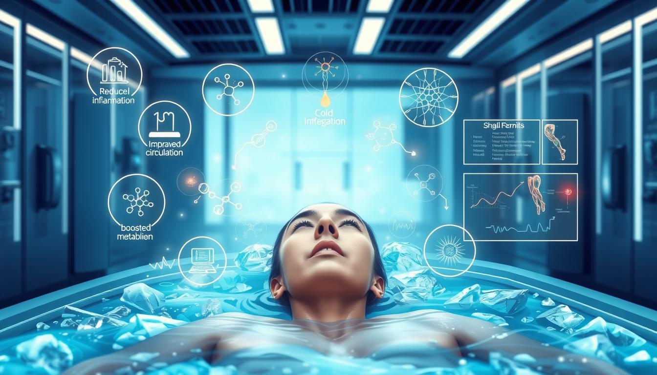 A high-resolution, detailed illustration depicting the science-backed benefits of cold therapy. The foreground features a person immersed in an ice bath, their face reflecting a serene, rejuvenated expression. Surrounding them are glowing icons representing key benefits such as reduced inflammation, improved circulation, boosted metabolism, and enhanced muscle recovery. The middle ground showcases molecular diagrams and scientific charts elucidating the physiological processes underlying these advantages. The background is a sleek, futuristic laboratory setting with state-of-the-art medical equipment, creating a sense of cutting-edge, evidence-based wellness. The overall composition conveys a vibrant, dynamic, and scientifically-grounded exploration of the power of cold therapy.