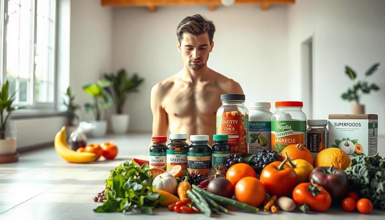 A human figure standing in a well-lit, airy room, surrounded by a variety of food items and nutrient-rich ingredients. The figure's expression conveys a sense of craving or desire, with their gaze fixated on the objects before them. The foreground features an array of fresh produce, including fruits, vegetables, and herbs, each bursting with vibrant colors and textures. In the middle ground, various supplements and superfoods are displayed, their packaging and labels clearly visible. The background showcases a clean, minimalist space, with natural light filtering in through large windows, creating a calming, contemplative atmosphere. The overall scene conveys the connection between specific nutritional deficiencies and the body's innate cravings for the missing nutrients, captured in a visually striking and captivating manner.