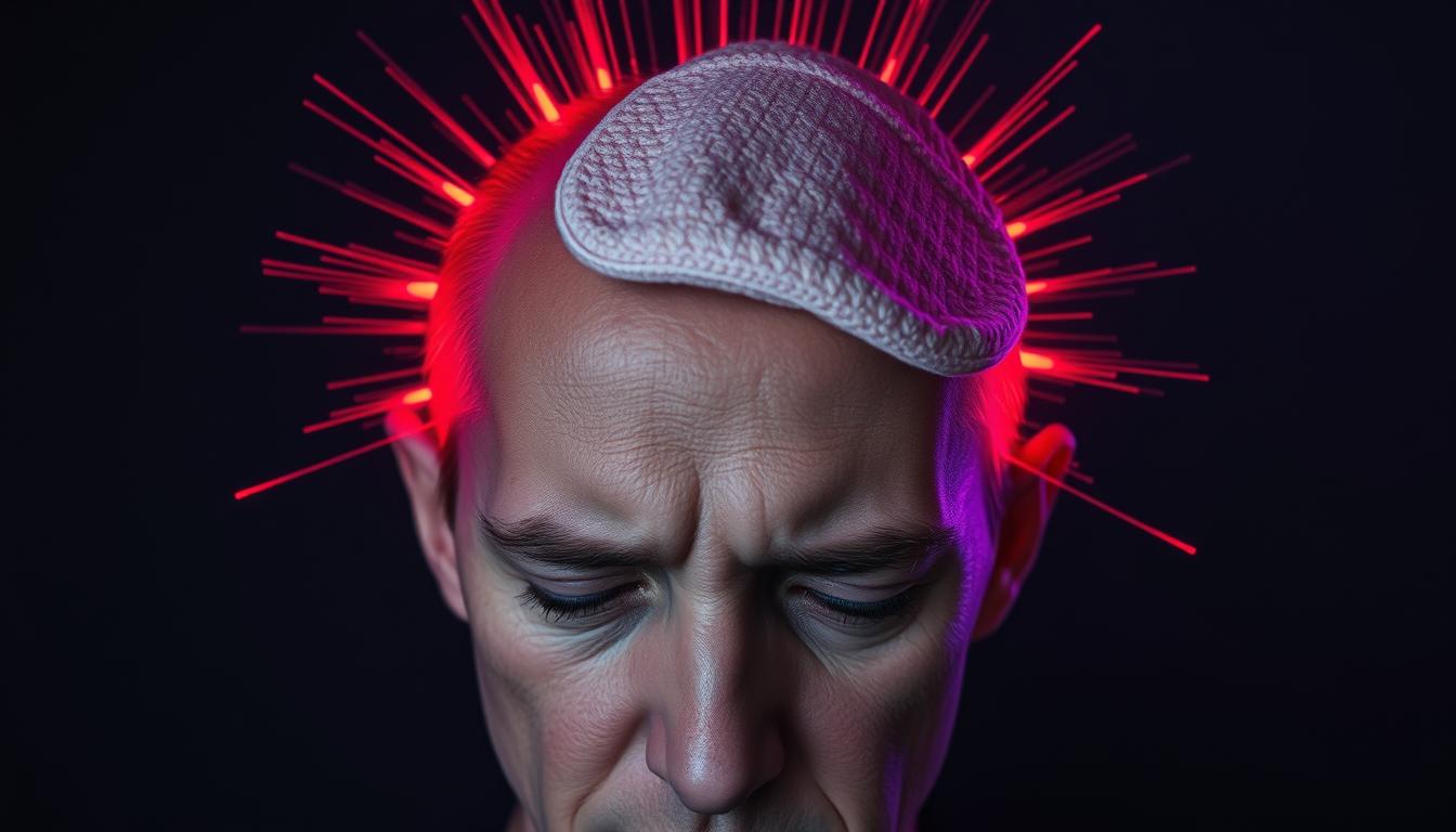 A human head wreathed in a halo of pulsing, radiating pain, the temples throbbing with each heartbeat. The skin is flushed, the eyes squinted against the agonizing ache. Vibrant shades of red and purple bleed into the periphery, distorting the senses. A warm compress rests on the forehead, offering a fleeting moment of relief before the migraine returns in full force, waves of searing discomfort cascading through the skull. The lighting is dim, casting dramatic shadows that accentuate the tortured expression. The composition focuses tightly on the subject, emphasizing the intensity of the migraine experience. A human head wreathed in a halo of pulsing, radiating pain, the temples throbbing with each heartbeat. The skin is flushed, the eyes squinted against the agonizing ache. Vibrant shades of red and purple bleed into the periphery, distorting the senses. A warm compress rests on the forehead, offering a fleeting moment of relief before the migraine returns in full force, waves of searing discomfort cascading through the skull. The lighting is dim, casting dramatic shadows that accentuate the tortured expression. The composition focuses tightly on the subject, emphasizing the intensity of the migraine experience.