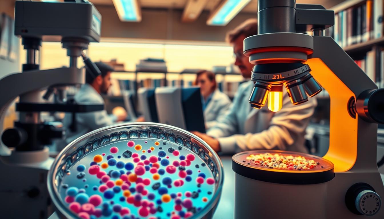 A laboratory setting with modern scientific equipment and microscopes, illuminated by warm, vibrant lighting. In the foreground, a petri dish displays a colorful array of gut bacteria colonies under the lens of a high-powered microscope. In the middle ground, researchers in lab coats analyze data on computer screens, their expressions contemplative as they study the complexities of the gut microbiome. The background features shelves of scientific journals and textbooks, hinting at the wealth of research and knowledge behind this field of study. An atmosphere of scientific inquiry and discovery pervades the scene, reflecting the pursuit of understanding the intricate connections between the gut and the brain.