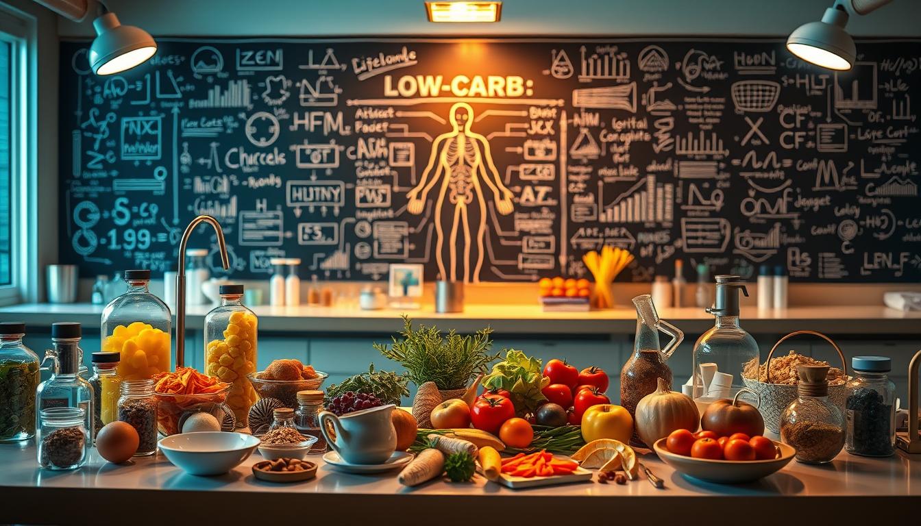 A laboratory setting with scientific instruments and equipment, illuminated by warm, vibrant lighting. In the foreground, a table displays various low-carb foods and ingredients, arranged with precision. In the middle ground, a visual representation of metabolic processes, depicting the effects of low-carb diets on the body. The background features a chalkboard or whiteboard filled with scientific diagrams, formulas, and data visualizations, conveying the evidence-based principles of effective low-carb methods. A laboratory setting with scientific instruments and equipment, illuminated by warm, vibrant lighting. In the foreground, a table displays various low-carb foods and ingredients, arranged with precision. In the middle ground, a visual representation of metabolic processes, depicting the effects of low-carb diets on the body. The background features a chalkboard or whiteboard filled with scientific diagrams, formulas, and data visualizations, conveying the evidence-based principles of effective low-carb methods.
