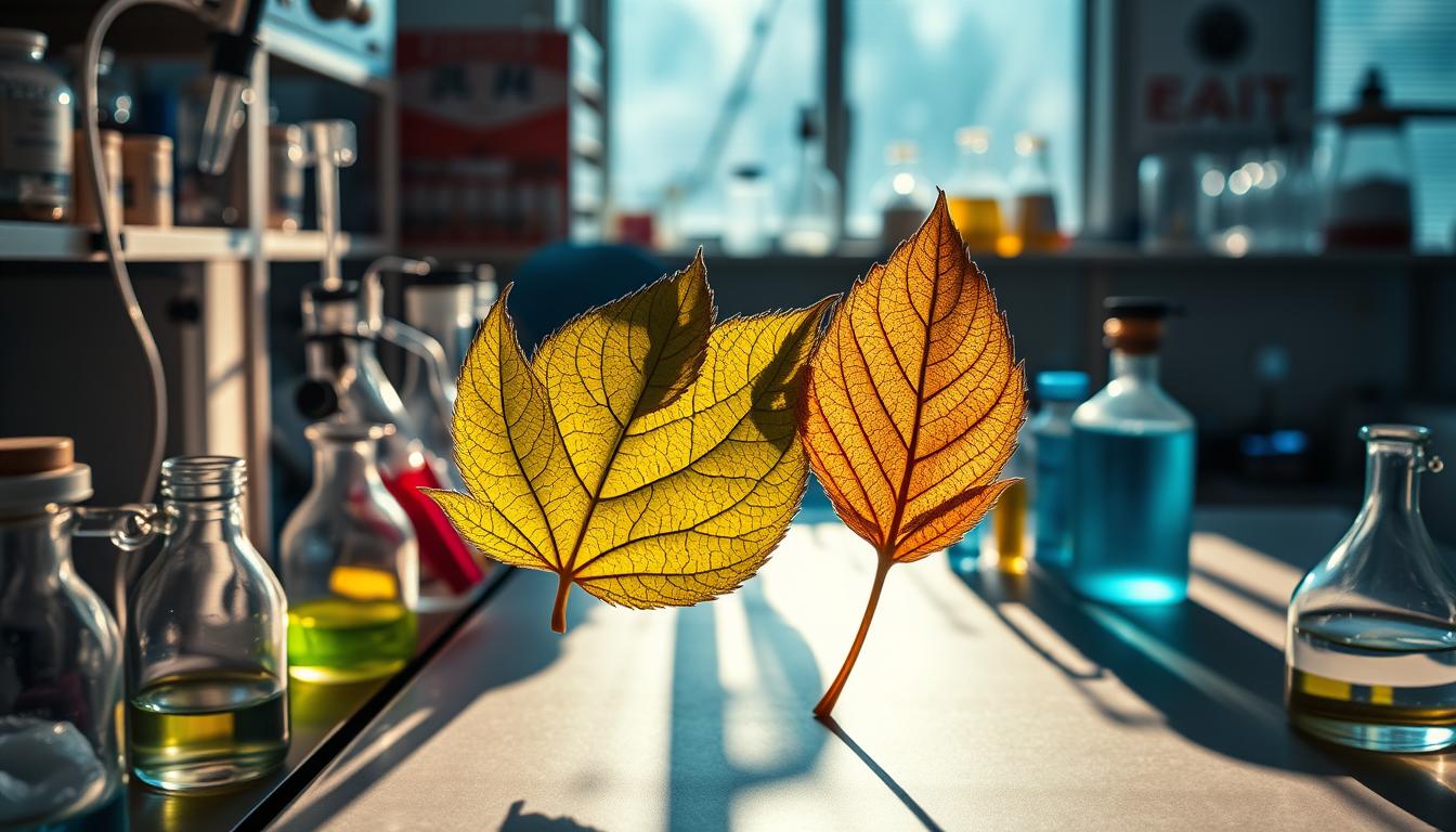 A laboratory workspace filled with scientific apparatus, test tubes, and beakers. In the foreground, a magnified view of two distinct plant leaves, one healthy and one wilted, representing the potential interactions between herbal medicines and pharmaceutical drugs. Vibrant colors and dramatic lighting cast long shadows, creating a sense of tension and unease. The background is blurred, drawing the viewer's focus to the central interaction, conveying the serious nature of the subject matter.