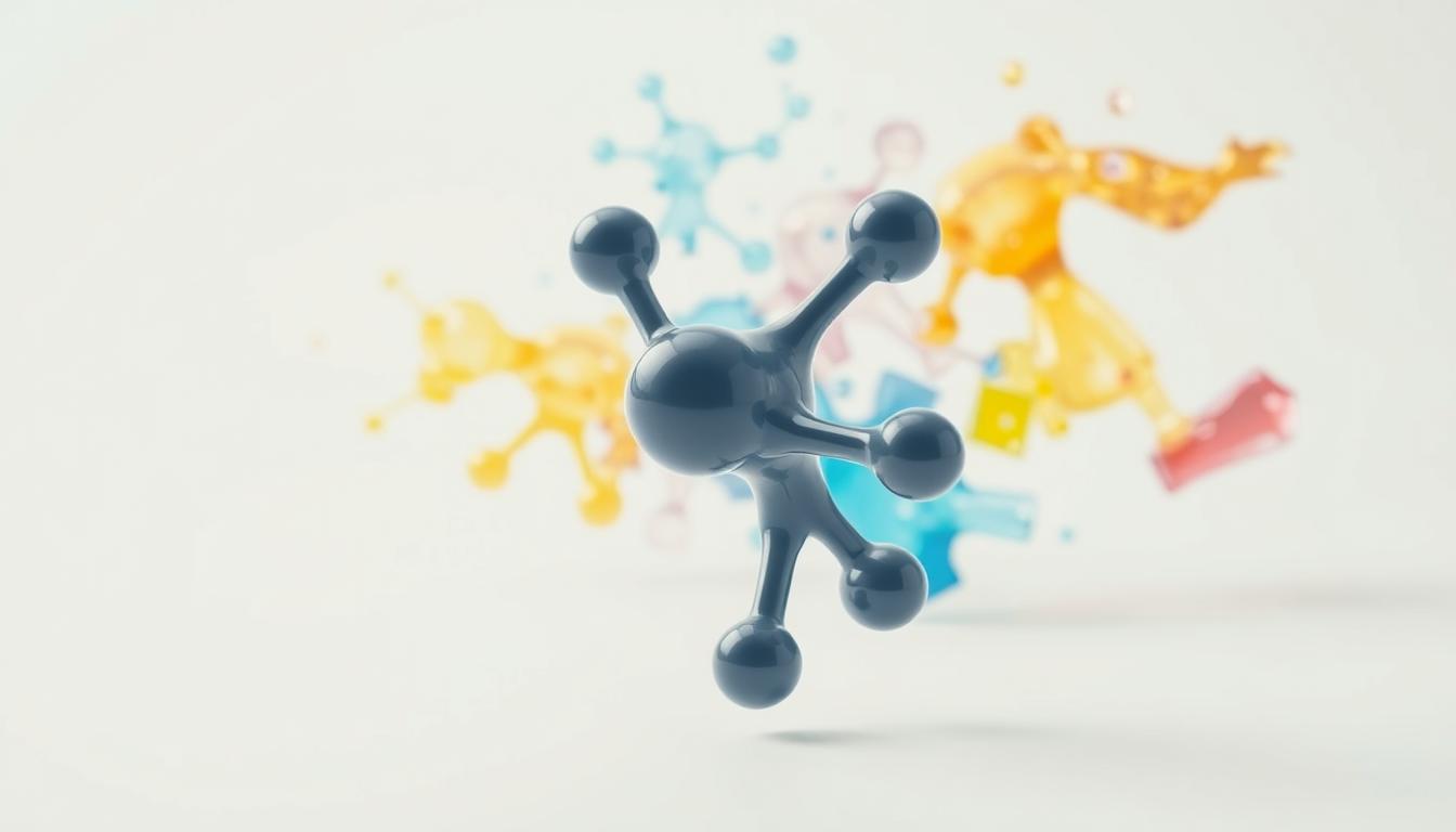 A large, glossy sugar molecule with a molecular structure made of carbon, hydrogen, and oxygen atoms hovers in the foreground, casting a soft shadow. Behind it, an array of translucent, crystalline sugar alcohol compounds such as xylitol, erythritol, and maltitol swirl and dance in a kaleidoscope of vibrant colors. The background is a clean, minimalist white, allowing the subject to take center stage. The lighting is soft and diffused, creating a sense of scientific curiosity and health-conscious introspection. The camera angle is slightly elevated, giving the viewer a birds-eye perspective on the chemical compounds that often hide in "low carb" processed foods.
