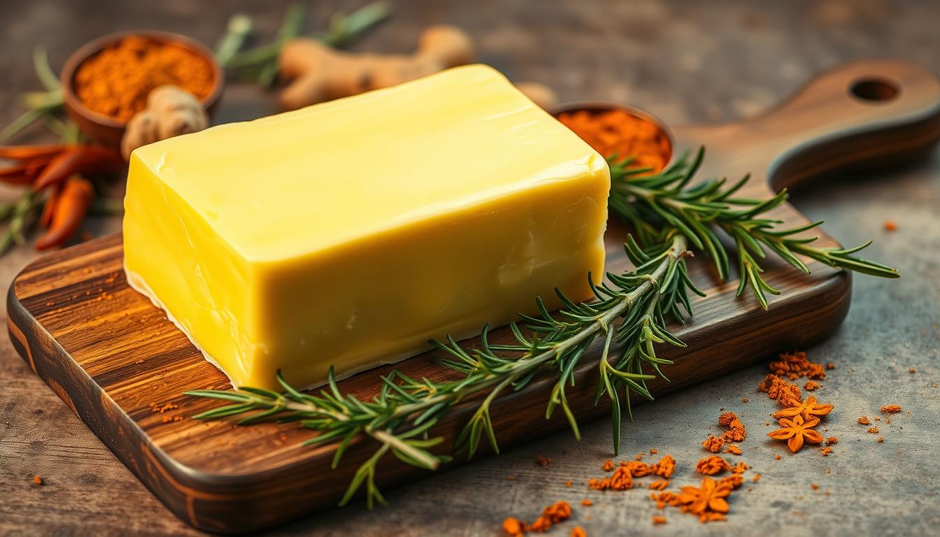 A large, golden pat of creamy butter rests on a rustic wooden board, its surface glistening in the warm, soft lighting. The butter is surrounded by a scattering of fragrant herbs and spices, including vibrant green sprigs of rosemary, earthy turmeric, and peppery ginger. The composition is balanced and inviting, capturing the natural, anti-inflammatory properties of this wholesome, natural fat. The image is shot from a slightly elevated angle, allowing the viewer to appreciate the depth and texture of the scene. The overall mood is one of tranquility and wellness, reflecting the healing power of this nourishing ingredient. A large, golden pat of creamy butter rests on a rustic wooden board, its surface glistening in the warm, soft lighting. The butter is surrounded by a scattering of fragrant herbs and spices, including vibrant green sprigs of rosemary, earthy turmeric, and peppery ginger. The composition is balanced and inviting, capturing the natural, anti-inflammatory properties of this wholesome, natural fat. The image is shot from a slightly elevated angle, allowing the viewer to appreciate the depth and texture of the scene. The overall mood is one of tranquility and wellness, reflecting the healing power of this nourishing ingredient.