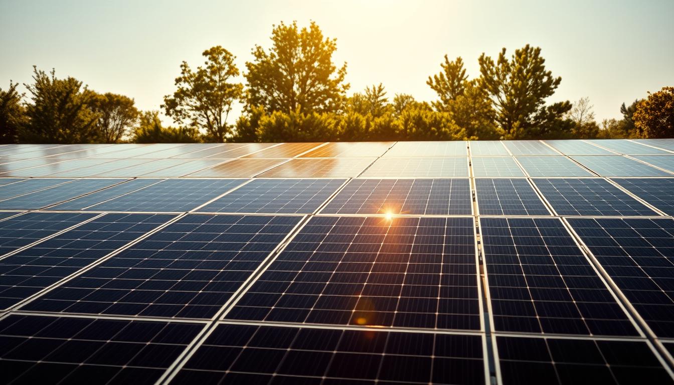 A large, modern solar panel installation set against a vibrant, clear sky. The panels are meticulously arranged in neat rows, their glossy black surfaces reflecting the warm sunlight. In the foreground, sleek, angular panels capture the light, casting subtle shadows across the scene. The middle ground features a well-designed racking system, expertly integrating the panels into the rooftop architecture. In the background, lush green trees and foliage frame the installation, creating a harmonious, eco-friendly atmosphere. The entire composition is bathed in a soft, golden glow, conveying a sense of renewable energy and sustainability.