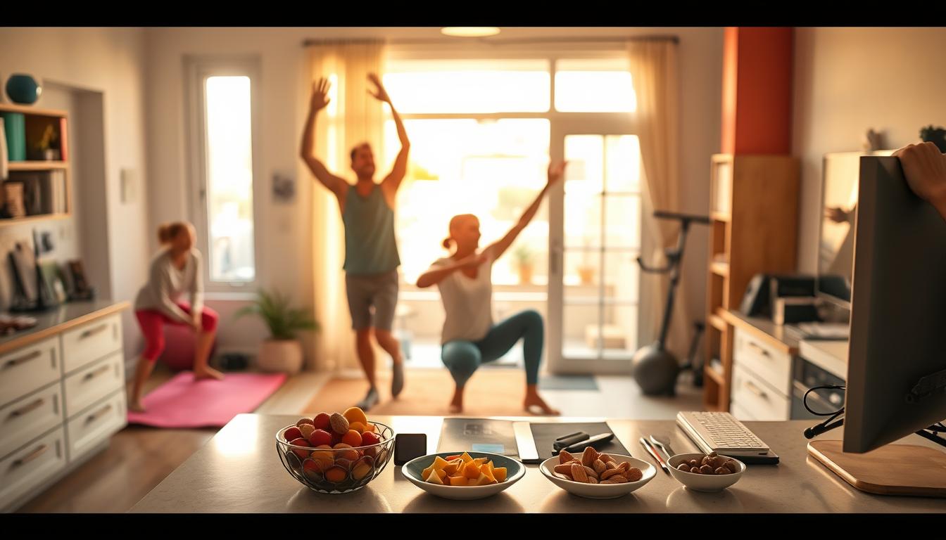 A lively and energetic scene of a person enthusiastically performing a variety of "movement snacks" throughout their day. In the foreground, the figure is shown stretching, doing squats, and taking short walking breaks at their desk. The middle ground features a kitchen counter with healthy snacks like fruits and nuts, encouraging nutritious refueling between activities. In the background, glimpses of an active lifestyle are visible, such as a yoga mat, exercise equipment, and an open window letting in warm, vibrant lighting. The overall mood is one of vitality, wellness, and the seamless integration of brief, beneficial movements into a busy daily routine.