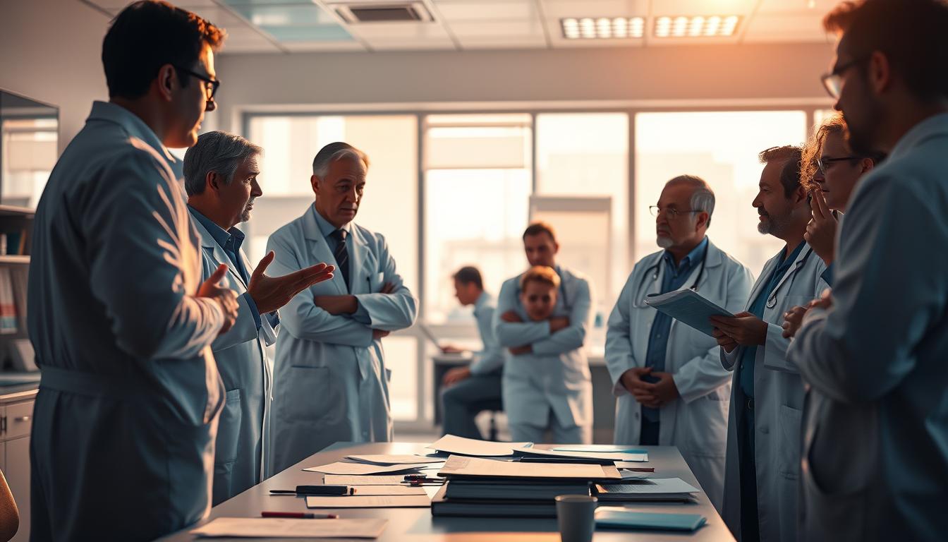 A lively scene of medical experts engaged in a thoughtful discussion. In the foreground, several figures in white coats and scrubs stand around a table, gesturing animatedly as they examine documents and notes. Warm, directional lighting casts gentle shadows, creating a sense of depth and focus. In the middle ground, additional experts are seated, leaning in and listening intently. The background is a softly blurred medical research laboratory, hinting at the rigorous, data-driven nature of the discussion. An atmosphere of vibrant intellectual exchange pervades the scene, capturing the essence of expert opinions on the efficacy of homeopathic treatments.