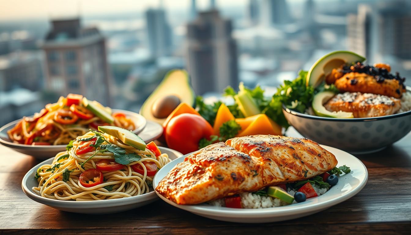 A lively still life of tempting low-carb takeout makeovers, bathed in warm, vibrant lighting. In the foreground, an array of flavorful dishes - a zucchini noodle stir-fry, a cauliflower rice burrito bowl, and grilled salmon with roasted vegetables. The middle ground features fresh, colorful ingredients like avocado, bell peppers, and leafy greens, artfully arranged. In the background, a blurred cityscape hints at the convenience of these healthy, homemade alternatives to typical takeout fare. The overall composition conveys a sense of effortless, flavor-packed nutrition.