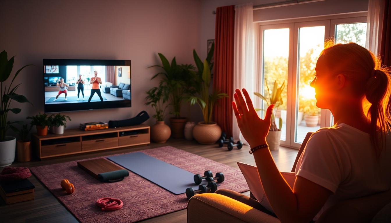 A living room bathed in warm, vibrant lighting. In the foreground, a person enthusiastically following along with a fitness routine displayed on a large flat-screen TV. The middle ground features exercise equipment like yoga mats, resistance bands, and dumbbells, suggesting an active home gym setup. The background showcases a cozy, modern interior design with lush plants and natural elements, creating a serene, motivating atmosphere. The scene conveys a sense of energy, productivity, and the integration of physical activity into everyday life.
