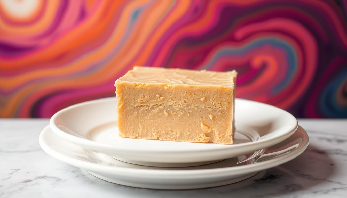 A luscious, thick slice of almond butter fudge, with a rich, creamy texture and a deep, nutty flavor. The fudge is beautifully presented on a pristine white plate, set against a backdrop of vibrant, swirling colors that evoke a sense of warmth and indulgence. The lighting is soft and diffused, casting a gentle glow over the dessert, highlighting its smooth, glossy surface. The composition is carefully balanced, with the fudge taking center stage, surrounded by a harmonious blend of complementary hues that create a visually striking and appetizing scene. This low-carb treat is a tantalizing display of culinary artistry, perfectly capturing the essence of the "Almond Butter Fudge" recipe section.