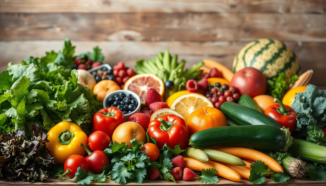 A lush, bountiful still life arrangement showcasing a selection of low-energy-dense foods for weight management. In the foreground, an assortment of fresh, crisp vegetables such as leafy greens, bell peppers, and zucchini, all arranged in a vibrant, visually appealing manner. In the middle ground, a variety of fruits, including berries, citrus, and melon slices, adding pops of color and natural sweetness. The background features a rustic wooden surface, lending a warm, earthy tone to the scene. Soft, diffused lighting illuminates the scene, highlighting the natural textures and vibrant hues of the produce. The overall atmosphere is one of health, wellness, and the power of functional, nutrient-dense foods in weight management and disease prevention. A lush, bountiful still life arrangement showcasing a selection of low-energy-dense foods for weight management. In the foreground, an assortment of fresh, crisp vegetables such as leafy greens, bell peppers, and zucchini, all arranged in a vibrant, visually appealing manner. In the middle ground, a variety of fruits, including berries, citrus, and melon slices, adding pops of color and natural sweetness. The background features a rustic wooden surface, lending a warm, earthy tone to the scene. Soft, diffused lighting illuminates the scene, highlighting the natural textures and vibrant hues of the produce. The overall atmosphere is one of health, wellness, and the power of functional, nutrient-dense foods in weight management and disease prevention.