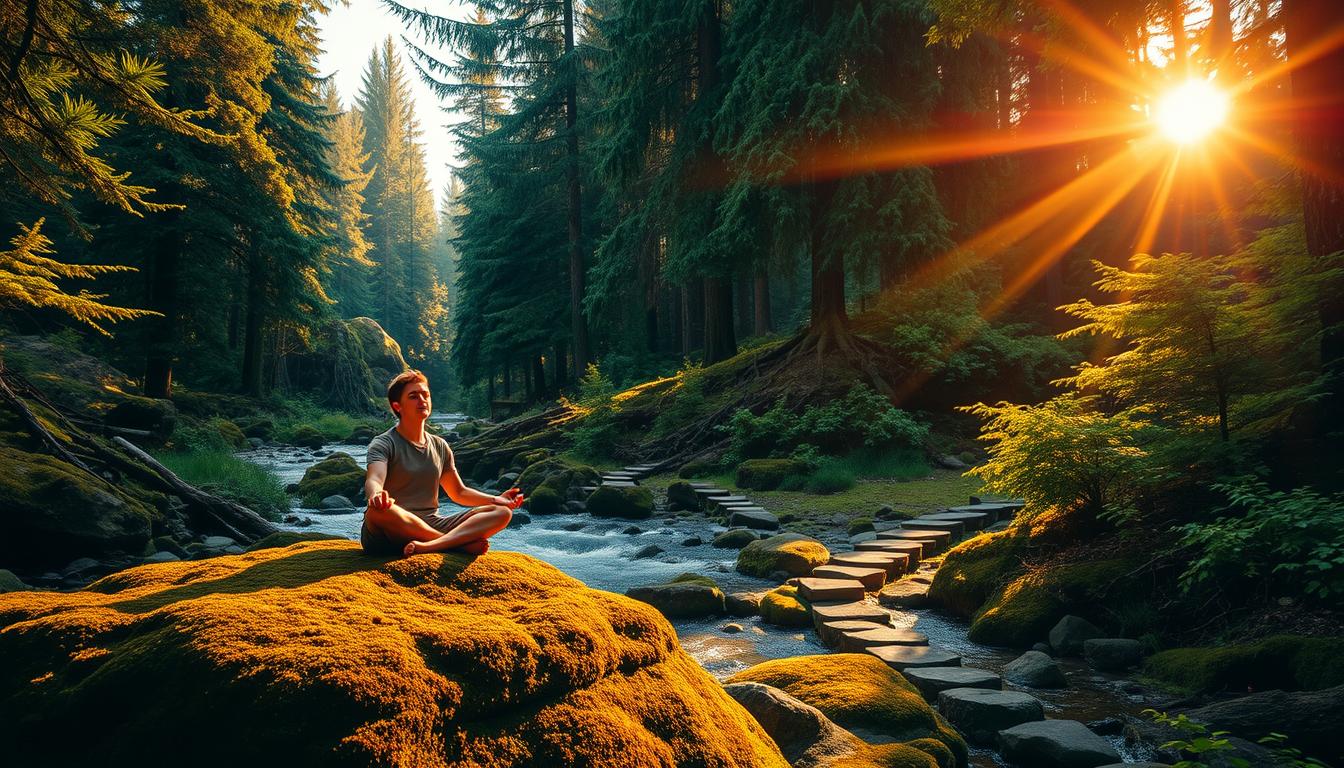 A lush forest glade bathed in warm, golden light. In the foreground, a person sits cross-legged on a moss-covered rock, eyes closed in deep meditation. The middle ground reveals a flowing stream with stepping stones, inviting the viewer to explore further. In the background, towering evergreen trees sway gently, their vibrant green canopy filtering the sunlight. The overall atmosphere is one of peaceful tranquility, encouraging a profound connection with the natural world.