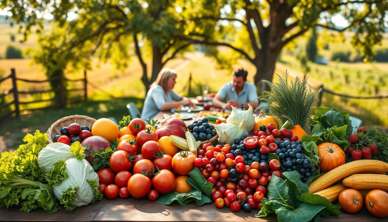 A lush outdoor scene with an abundance of seasonal produce, artfully arranged on a wooden table in the foreground. Vibrant hues of fresh fruits and vegetables, such as ripe tomatoes, crisp lettuce, and juicy berries, create a visually striking display. In the middle ground, a family gathers around the table, enjoying a wholesome meal made with the seasonal bounty. The background features a rustic, sun-dappled landscape, with a gentle breeze blowing through the trees. Warm, natural lighting casts a golden glow, evoking a sense of warmth and contentment. The overall atmosphere conveys the benefits of embracing seasonal eating for better health and nourishment. A lush outdoor scene with an abundance of seasonal produce, artfully arranged on a wooden table in the foreground. Vibrant hues of fresh fruits and vegetables, such as ripe tomatoes, crisp lettuce, and juicy berries, create a visually striking display. In the middle ground, a family gathers around the table, enjoying a wholesome meal made with the seasonal bounty. The background features a rustic, sun-dappled landscape, with a gentle breeze blowing through the trees. Warm, natural lighting casts a golden glow, evoking a sense of warmth and contentment. The overall atmosphere conveys the benefits of embracing seasonal eating for better health and nourishment.