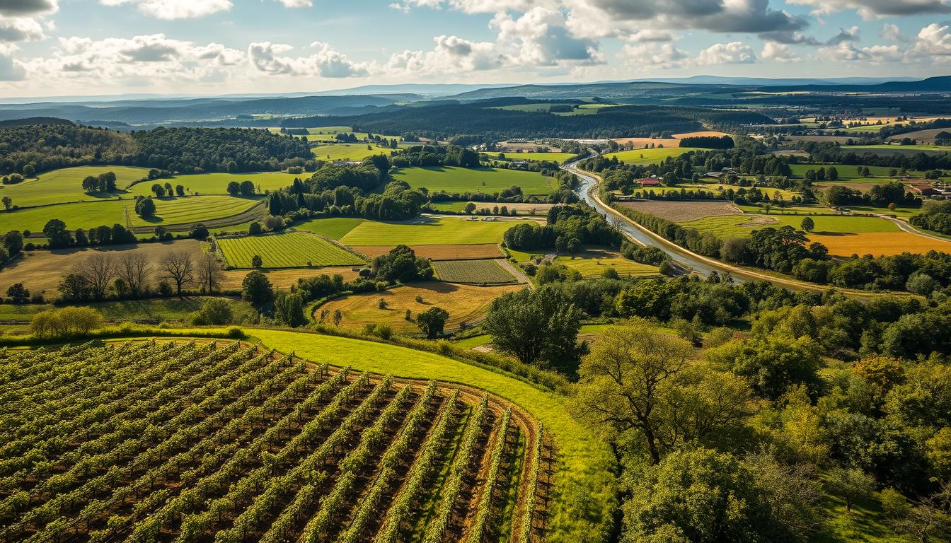 A lush, rolling landscape dotted with verdant fields and sprawling orchards. In the foreground, a stark contrast emerges - a conventional farm teeming with chemical-laden crops, stark and lifeless, juxtaposed against the vibrant, organic plots nearby, teeming with diverse vegetation and thriving wildlife. Sunlight filters through wispy clouds, casting a warm, golden glow over the scene, highlighting the stark divide between the two approaches. The background reveals the broader environmental impact, with pristine forests and waterways giving way to polluted streams and degraded ecosystems, a haunting reminder of the consequences of unsustainable farming practices. The overall atmosphere is one of contemplation, inviting the viewer to consider the lasting impact of their choices.